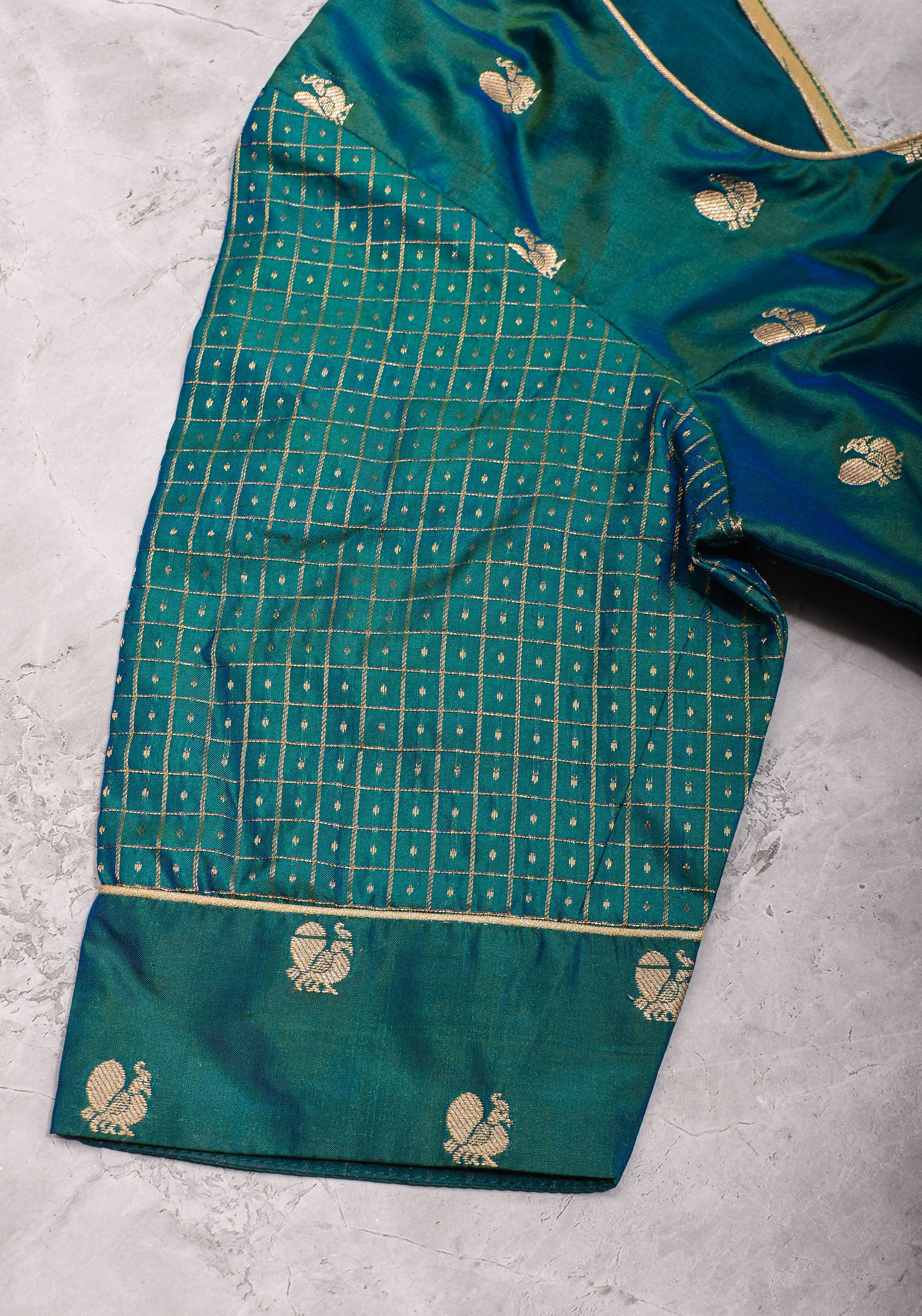 Pure Kanjivaram Silk Peacock Butti and checks Matka Neck Mix and Match Blouse for saree, Made to Order | Shobitam