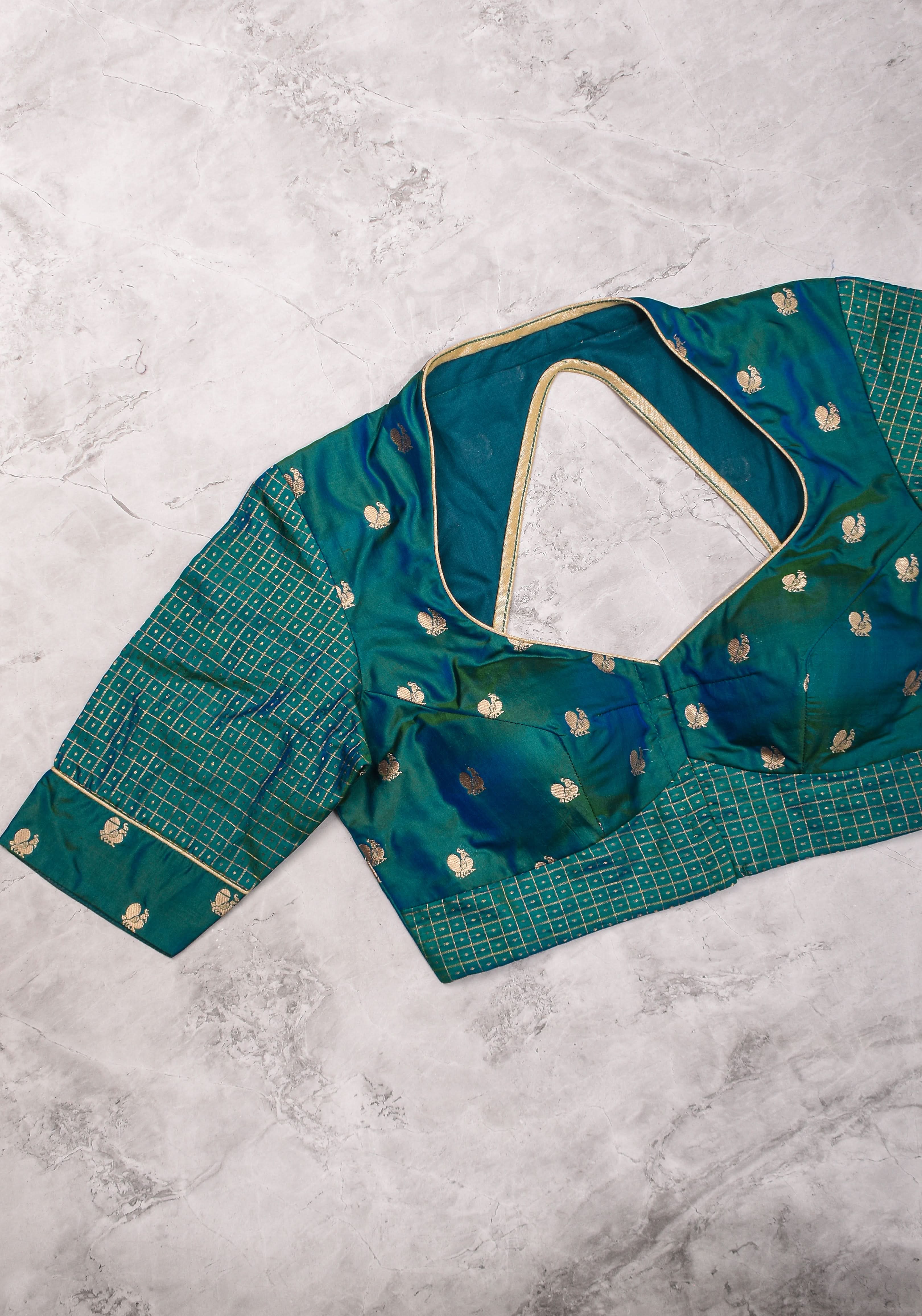 Pure Kanjivaram Silk Peacock Butti and checks Matka Neck Mix and Match Blouse for saree, Made to Order | Shobitam