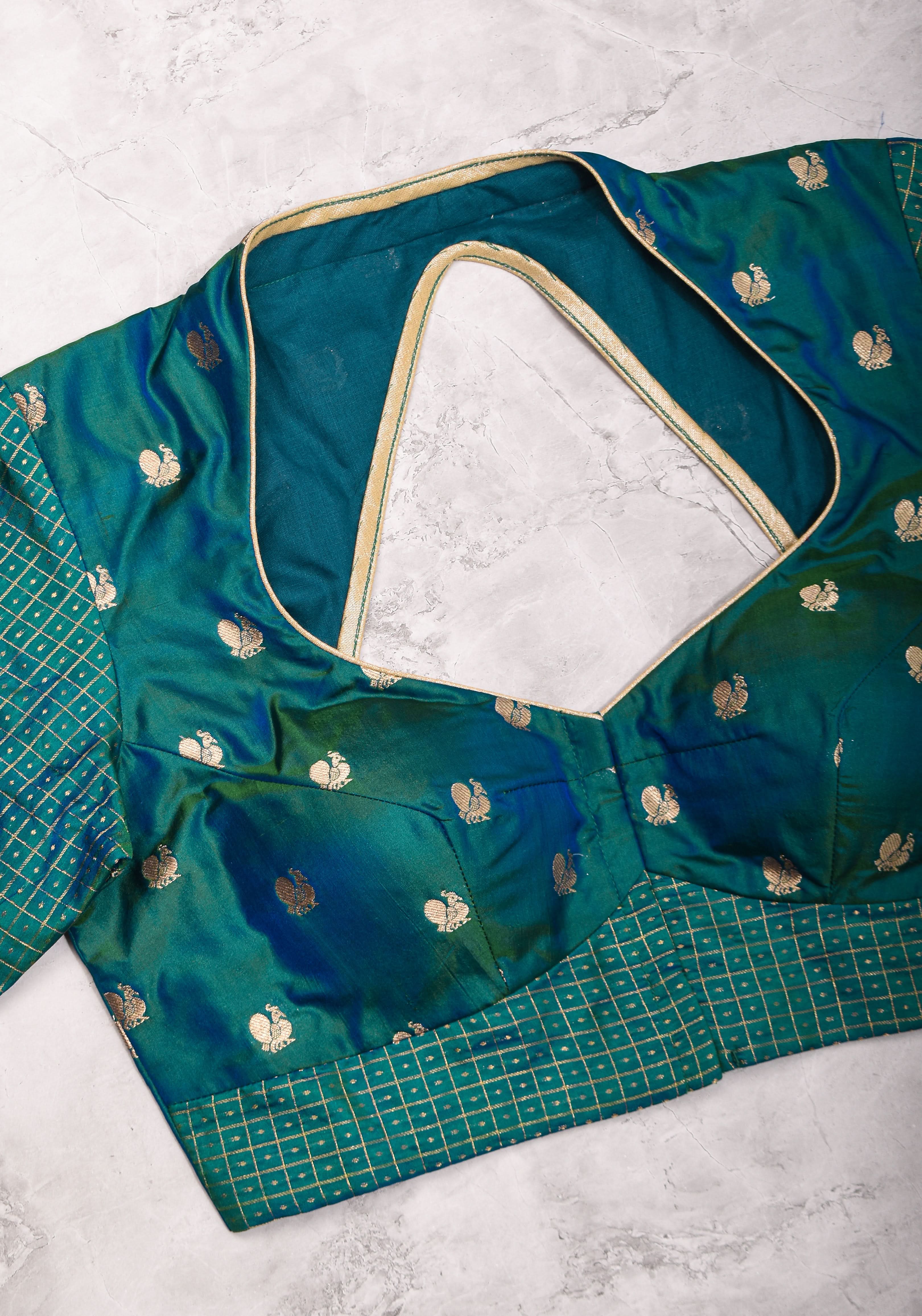 Pure Kanjivaram Silk Peacock Butti and checks Matka Neck Mix and Match Blouse for saree, Made to Order | Shobitam
