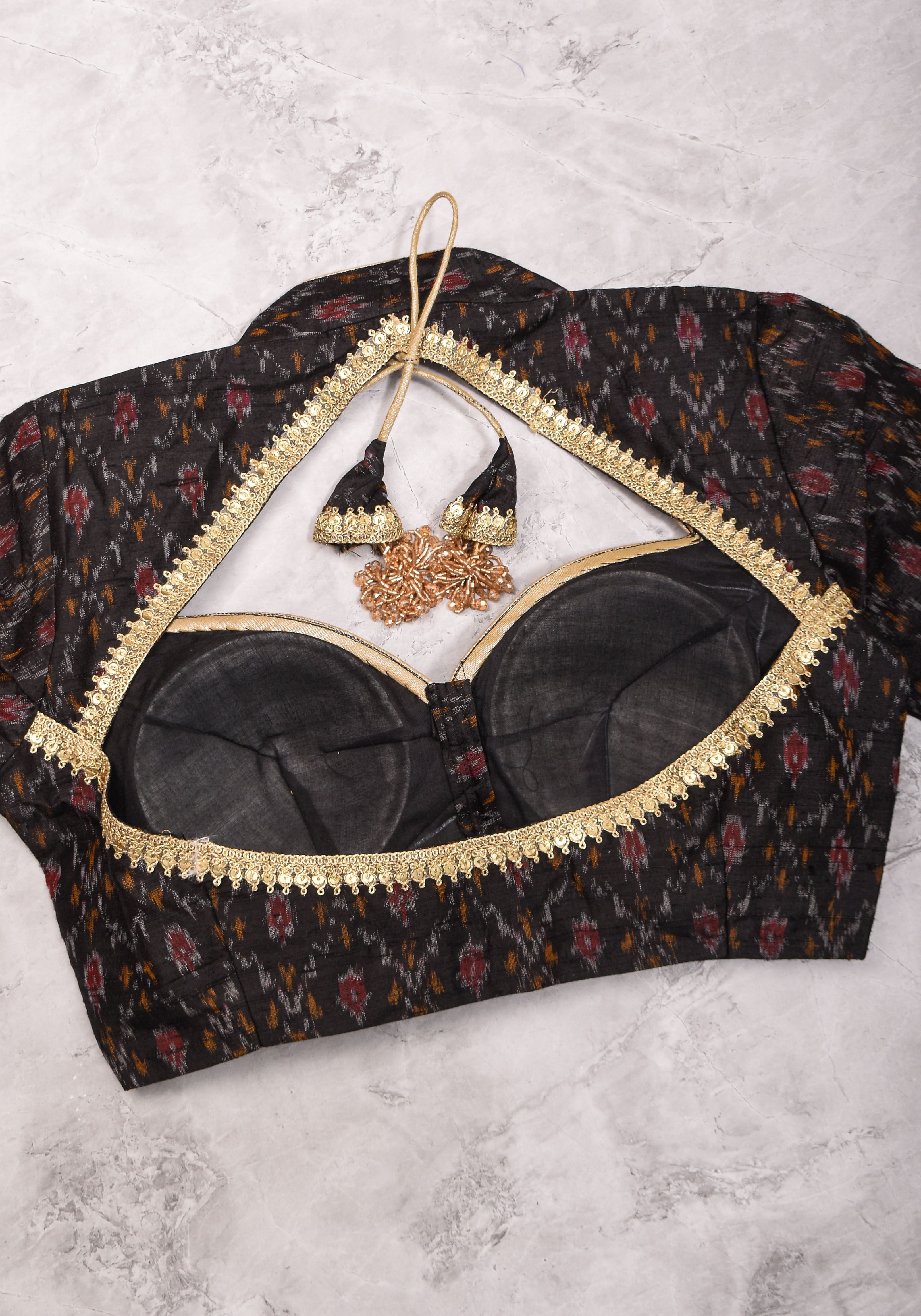 Black Pure Raw Silk Ikkat Weave blouse with Sweetheart neck,3/4 sleeves and gotta detailing, Made to Order | Shobitam
