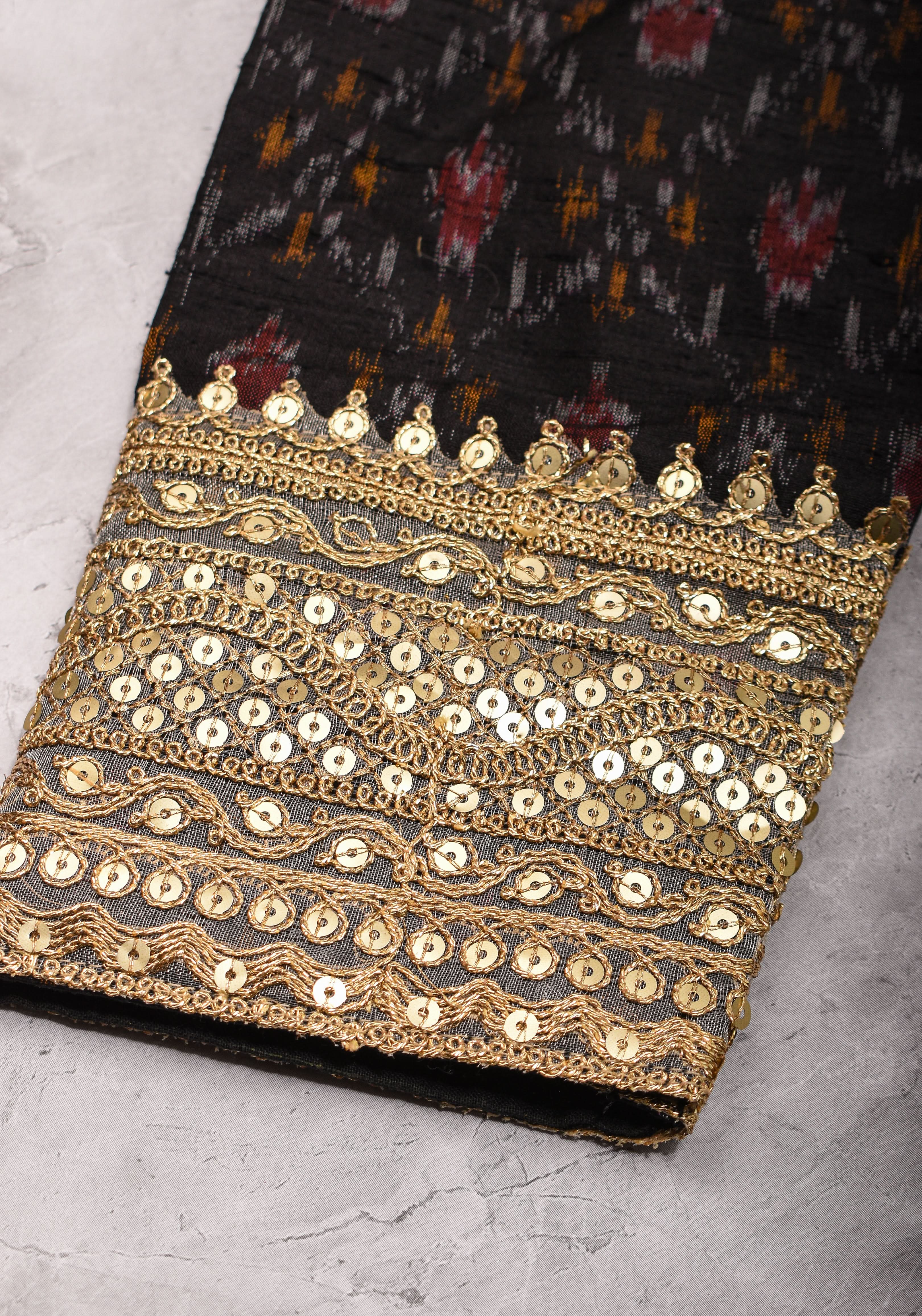 Black Pure Raw Silk Ikkat Weave blouse with Sweetheart neck,3/4 sleeves and gotta detailing, Made to Order | Shobitam