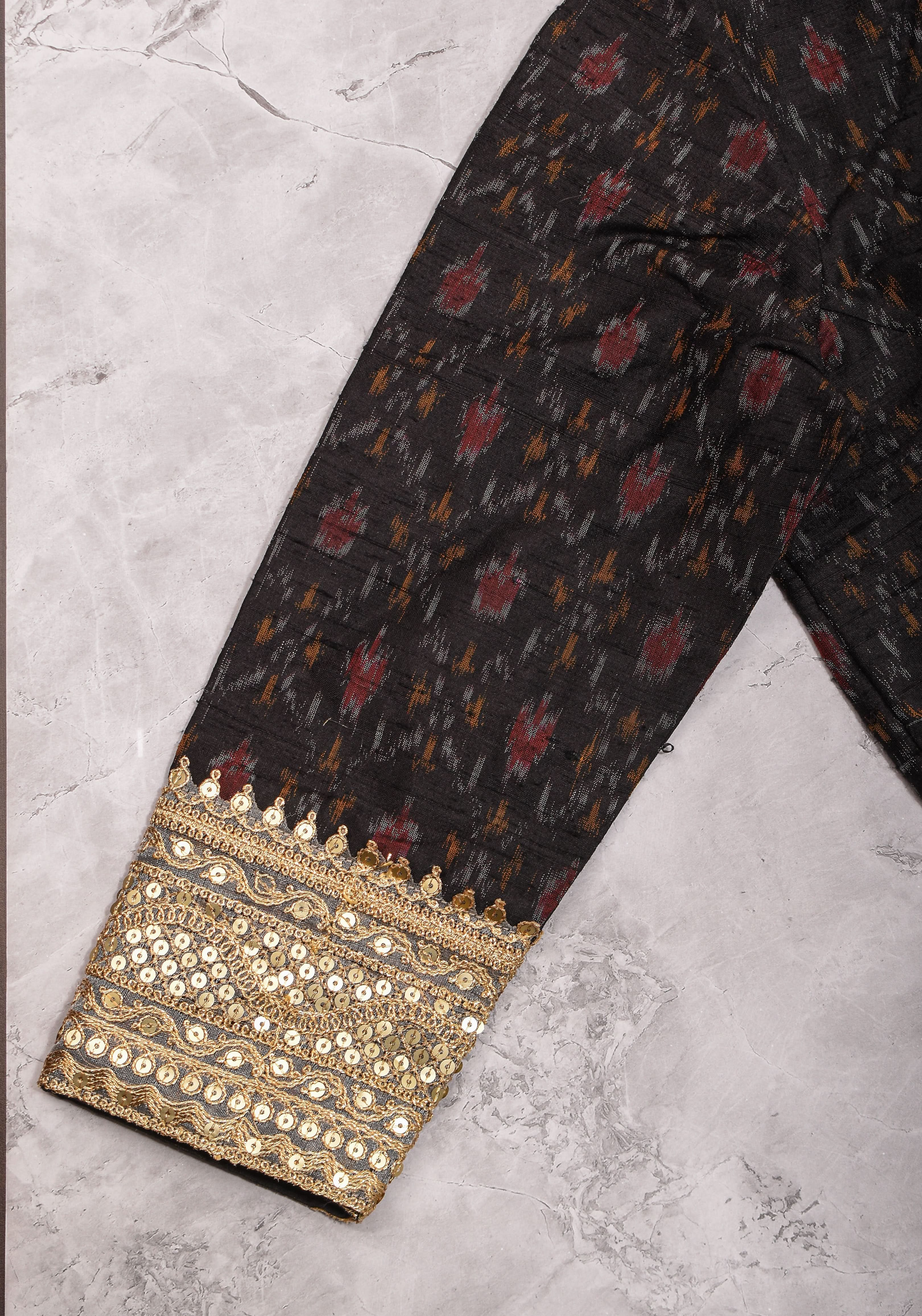 Black Pure Raw Silk Ikkat Weave blouse with Sweetheart neck,3/4 sleeves and gotta detailing, Made to Order | Shobitam