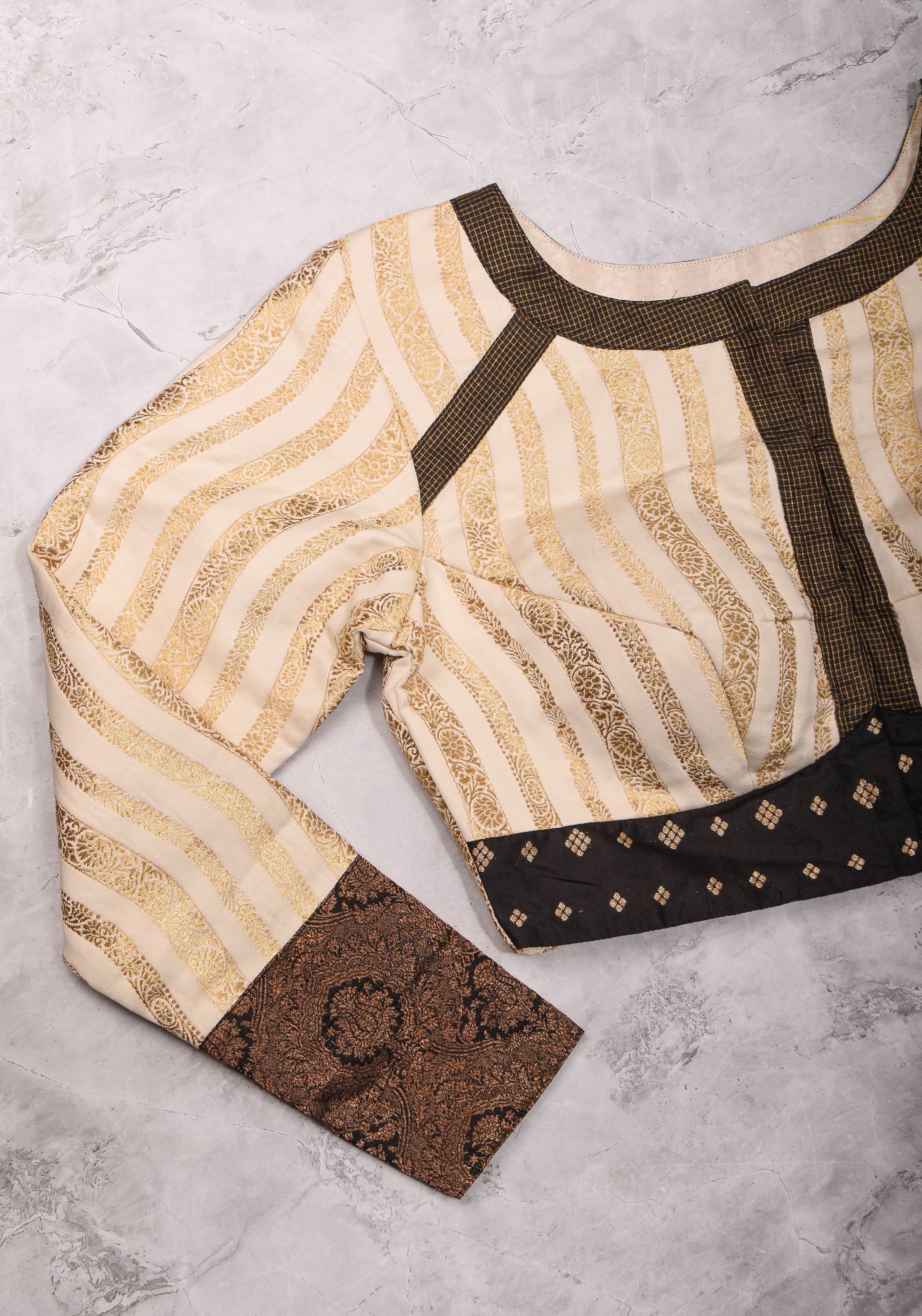 Ivory and Black Bandgala & Full sleeves blouse with Paisley Zardosi Hand embroidery, Made to Order | Shobitam