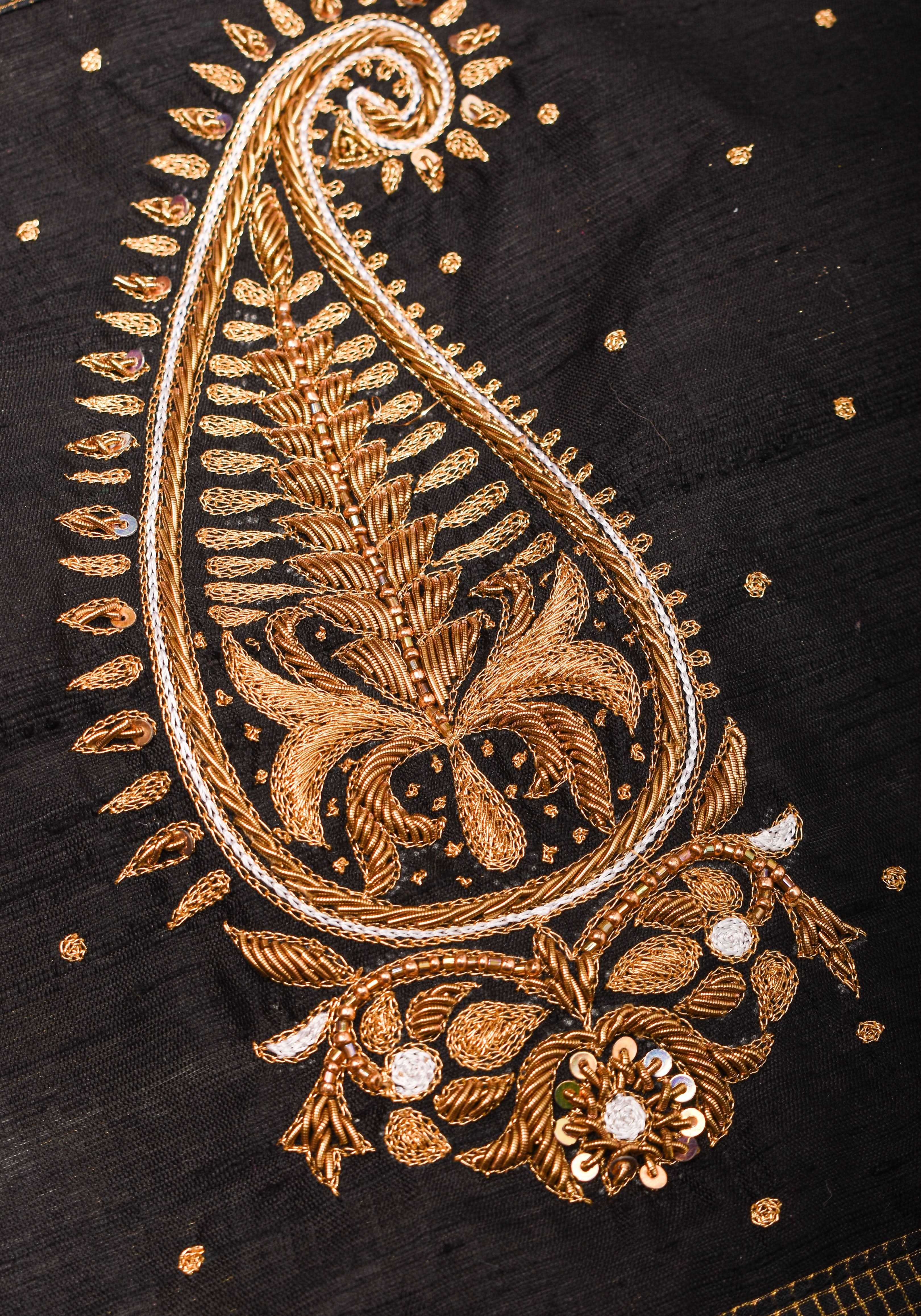 Ivory and Black Bandgala & Full sleeves blouse with Paisley Zardosi Hand embroidery, Made to Order | Shobitam