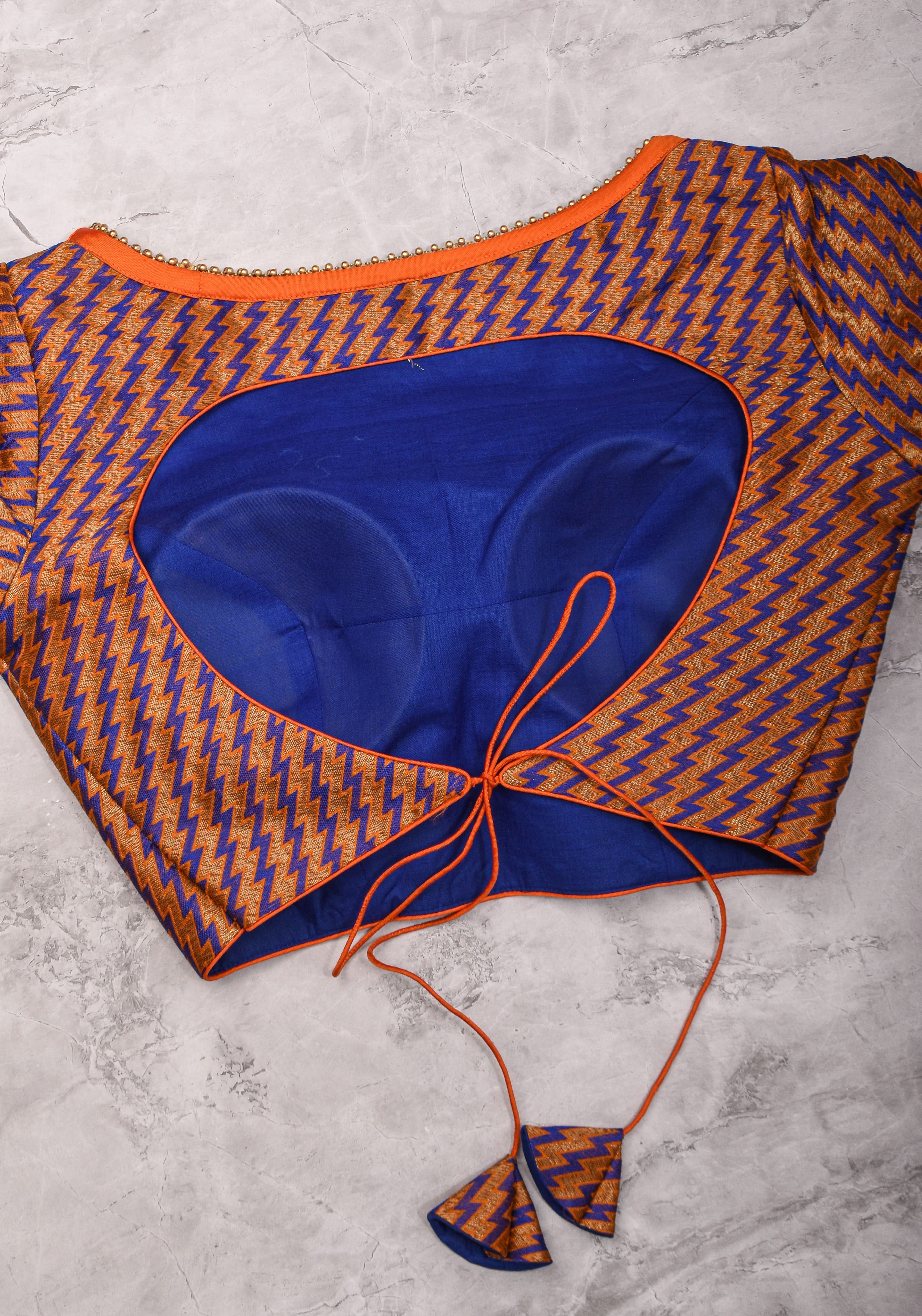 Purple Orange Jacquard brocade boat neck blouse with back detailing, Made to Order | Shobitam