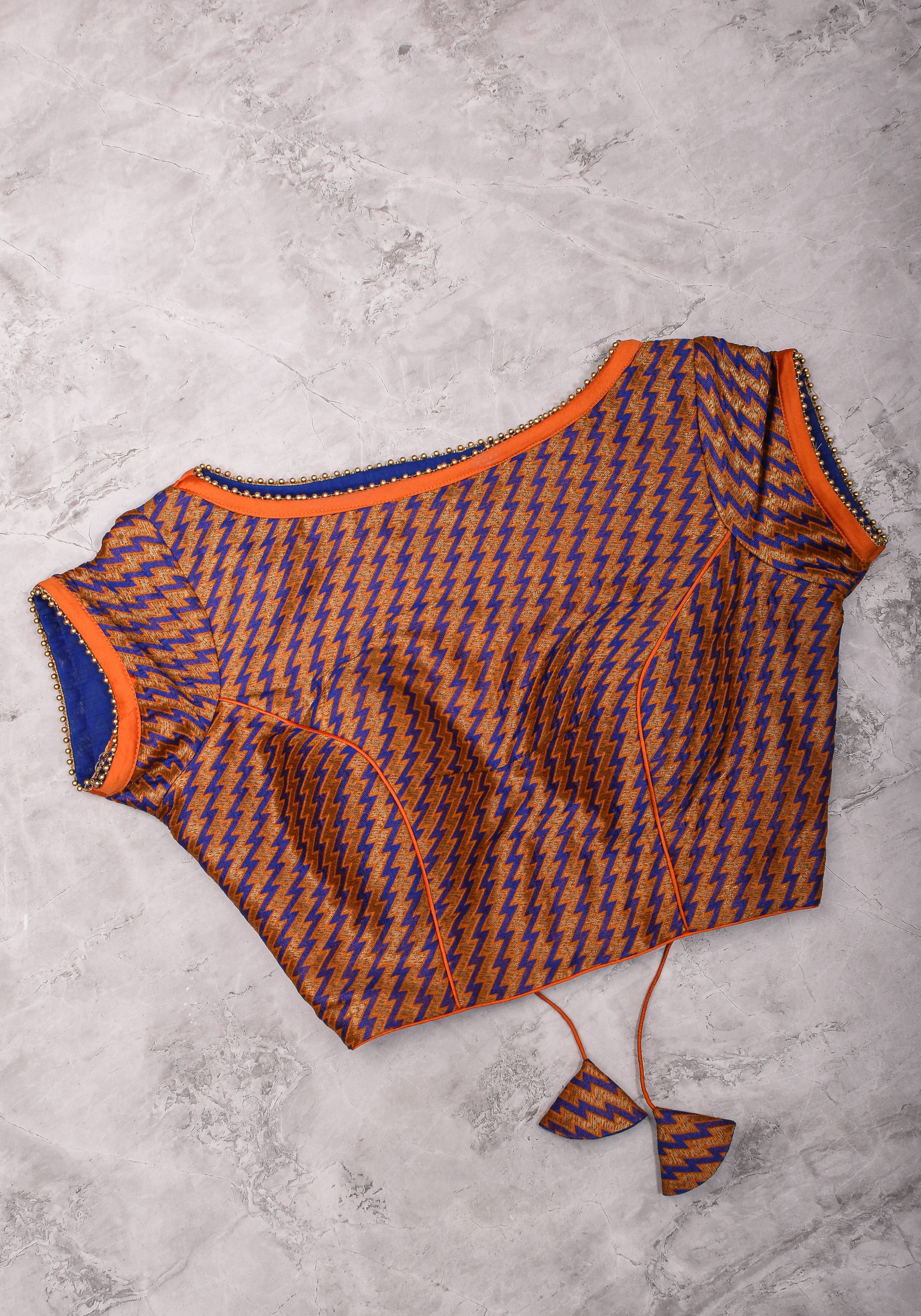 Purple Orange Jacquard brocade boat neck blouse with back detailing, Made to Order | Shobitam