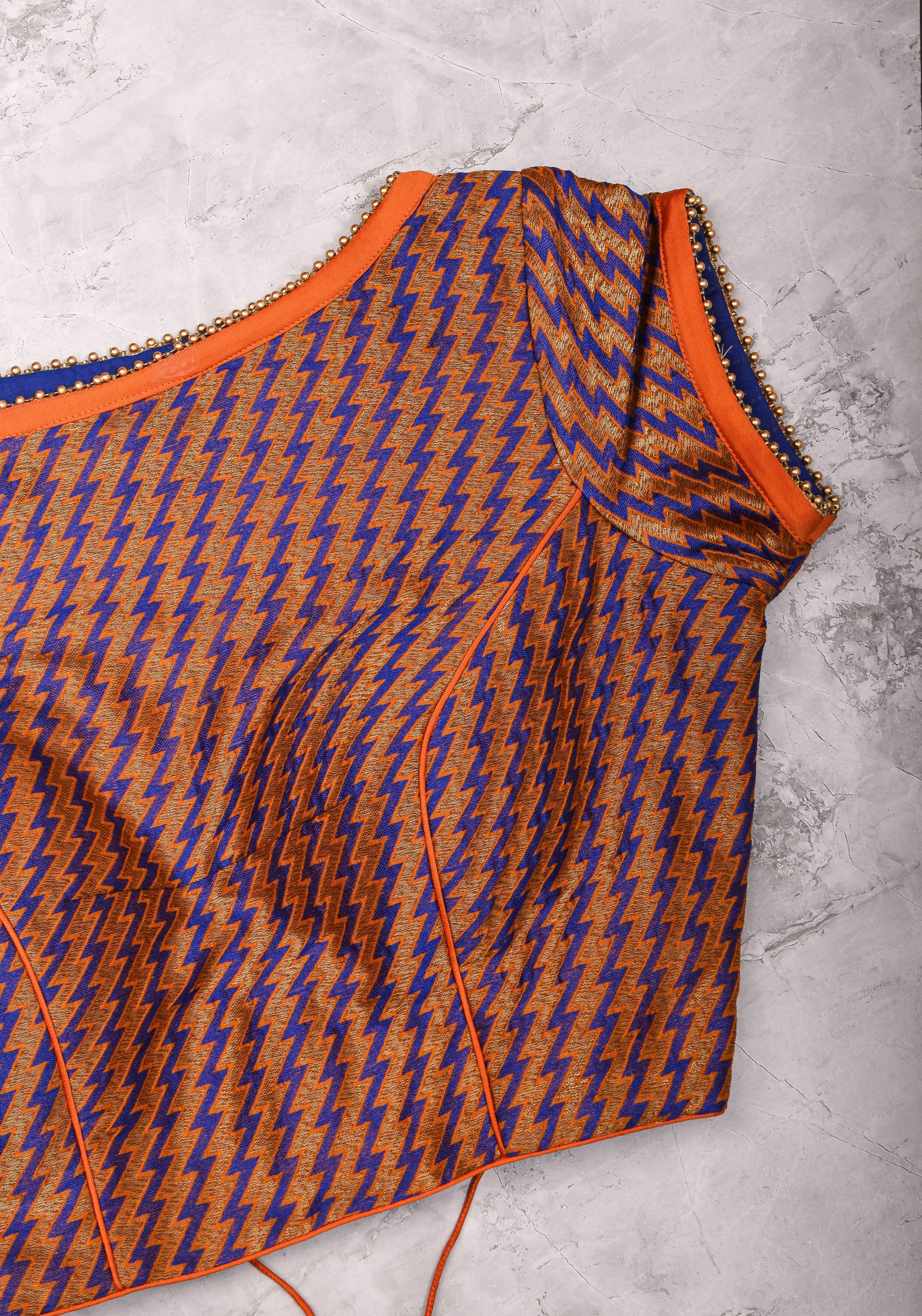 Purple Orange Jacquard brocade boat neck blouse with back detailing, Made to Order | Shobitam