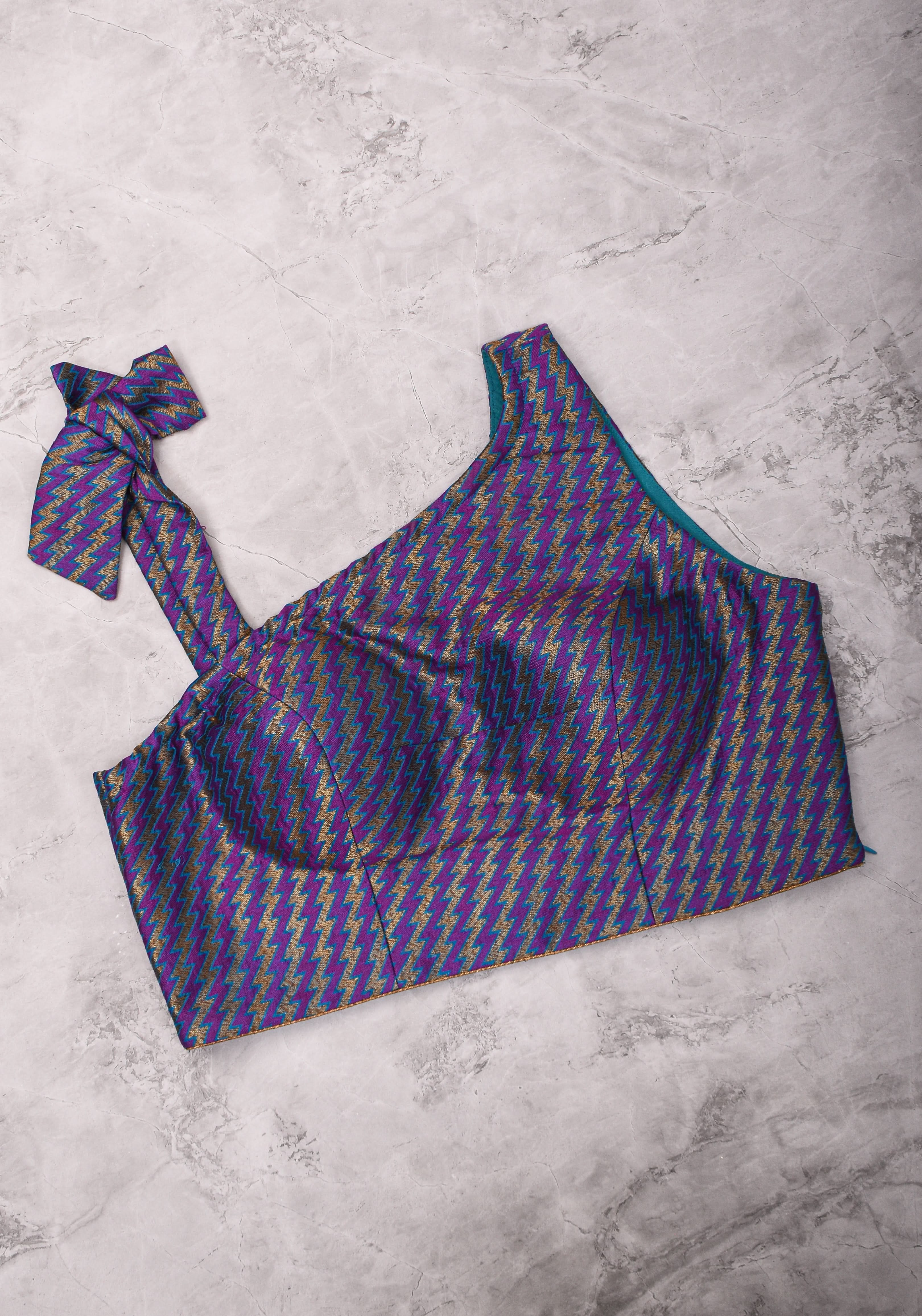 Purple Blue jacquard one shoulder blouse crop top, Made to Order | Shobitam