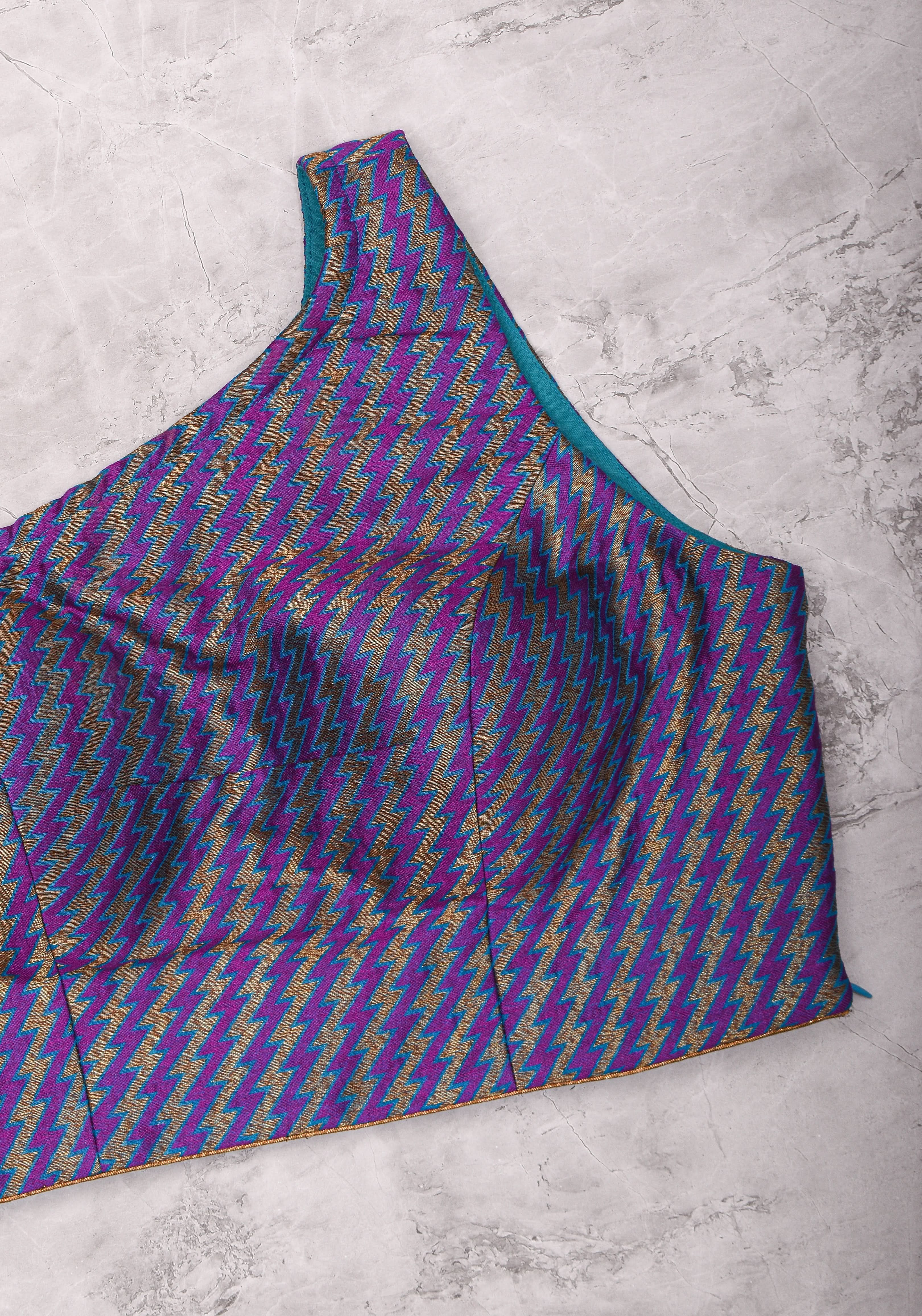 Purple Blue jacquard one shoulder blouse crop top, Made to Order | Shobitam
