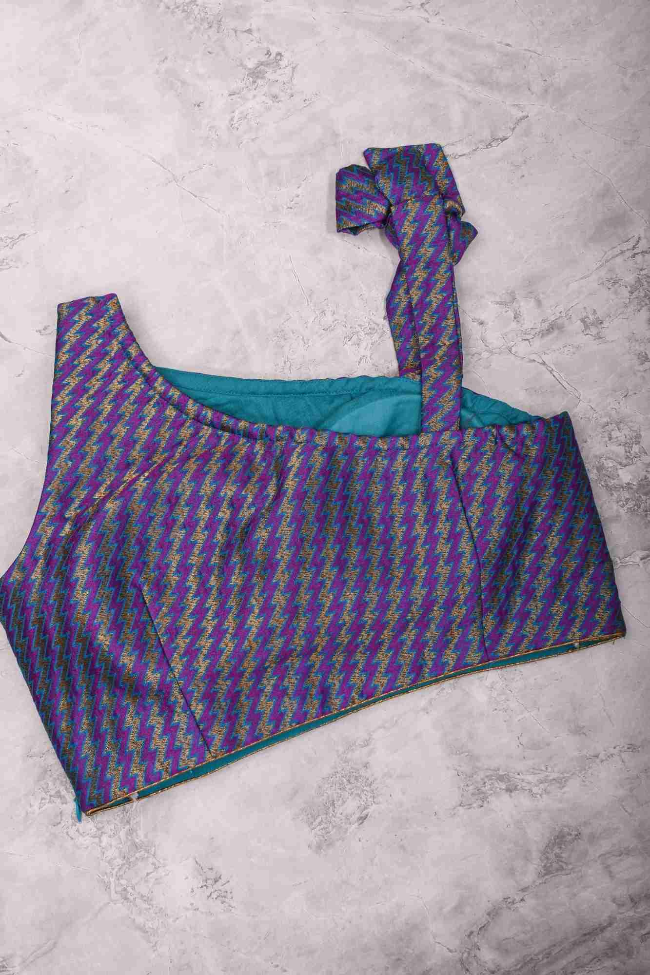 Purple Blue jacquard one shoulder blouse crop top, Made to Order