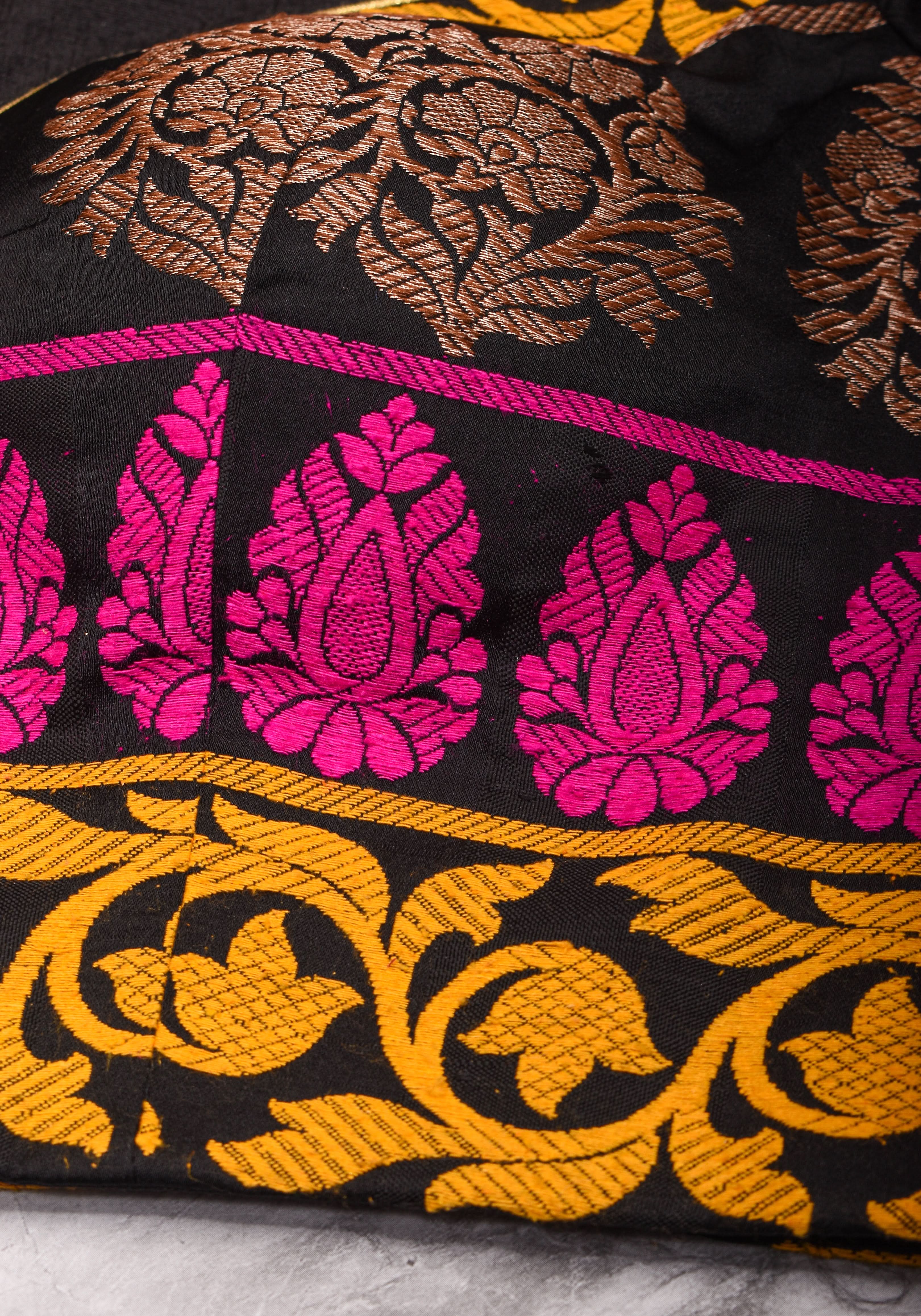 Black Pure Raw Silk with Meenakari Brocade Border V Neck Blouse, Made to Order | Shobitam