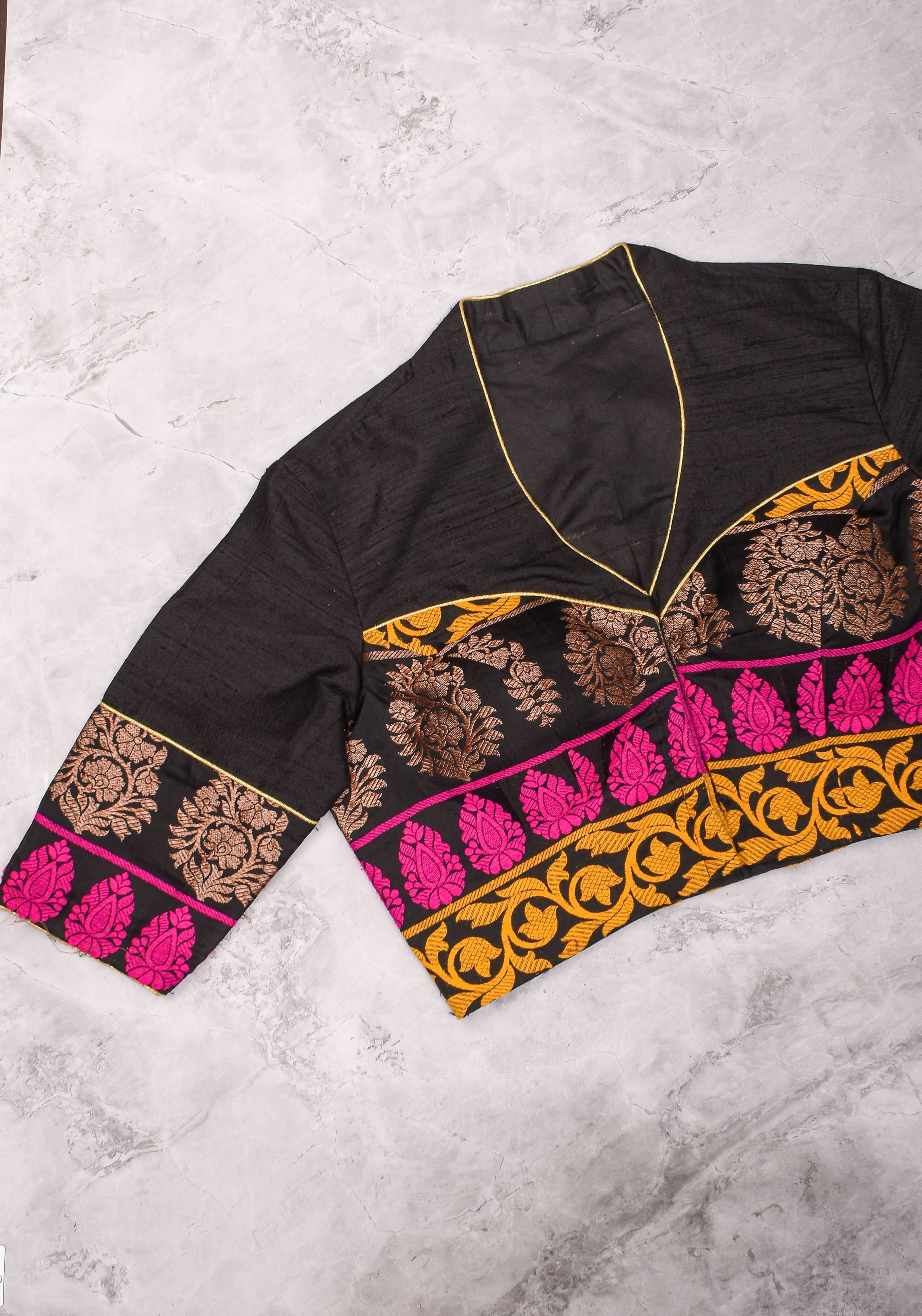 Black Pure Raw Silk with Meenakari Brocade Border V Neck Blouse, Made to Order | Shobitam
