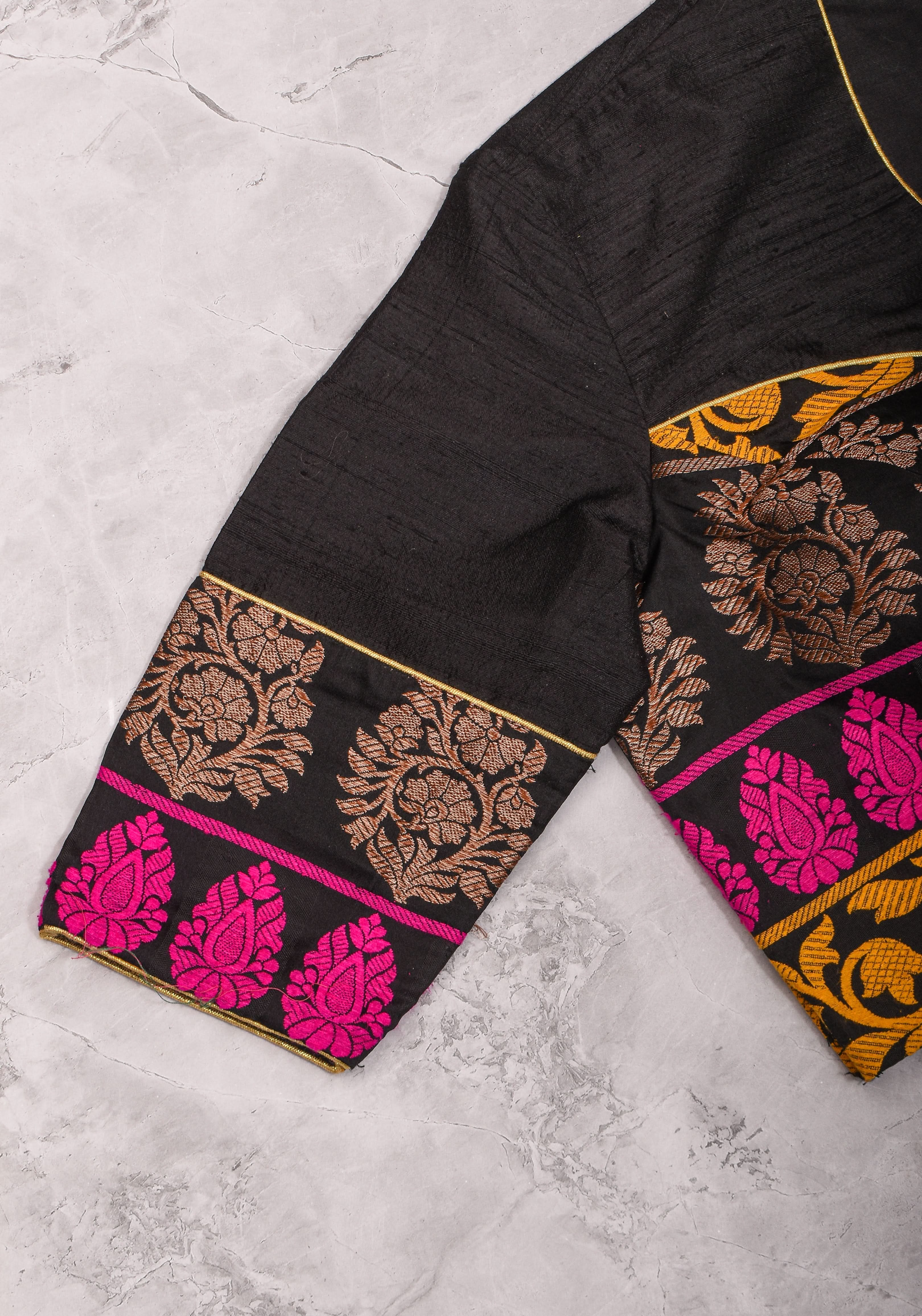 Black Pure Raw Silk with Meenakari Brocade Border V Neck Blouse, Made to Order | Shobitam