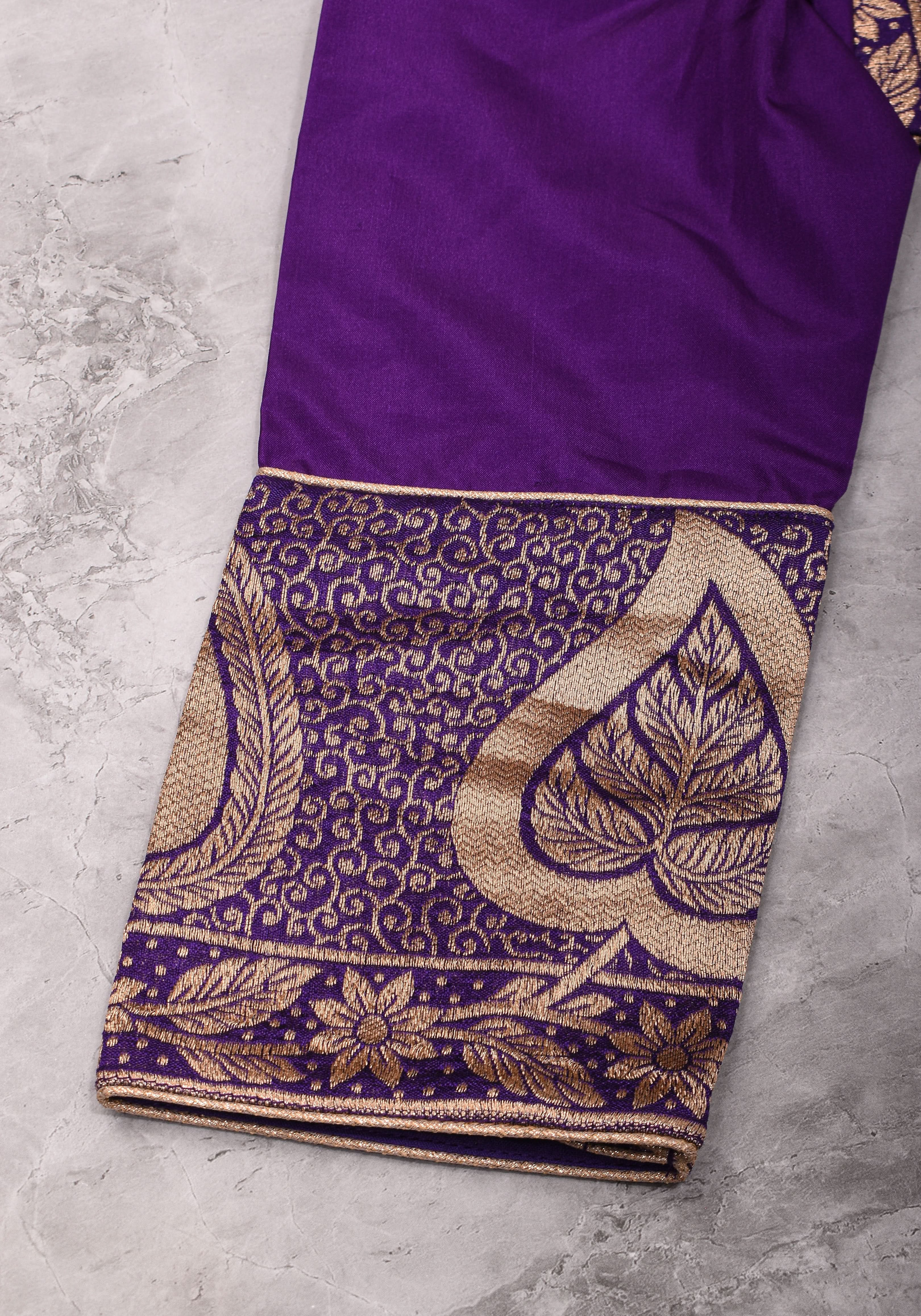 Purple silk & brocade V neck blouse with 3/4th sleeves, Made to Order | Shobitam