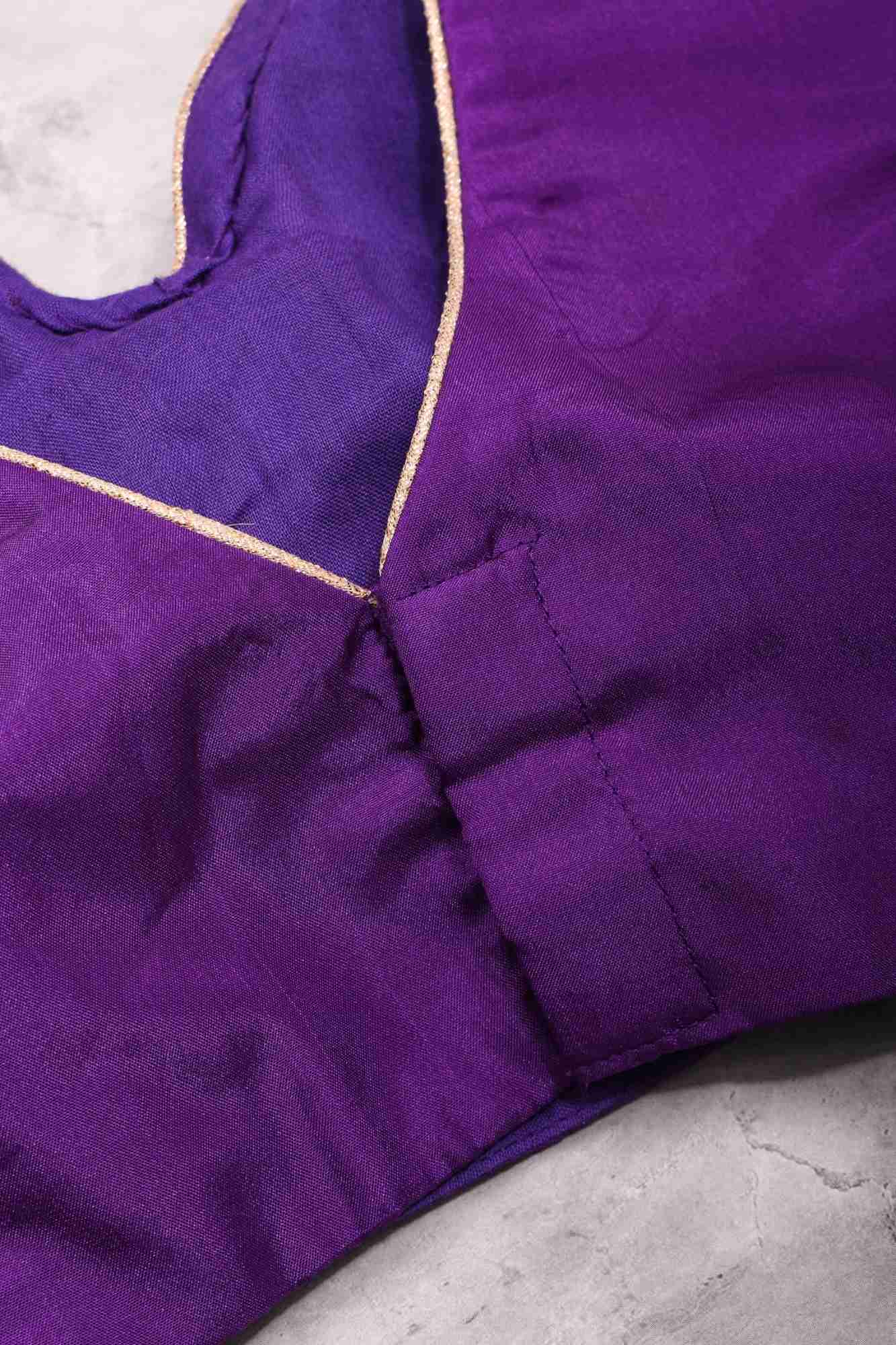 Purple silk & brocade V neck blouse with 3/4th sleeves, Made to Order