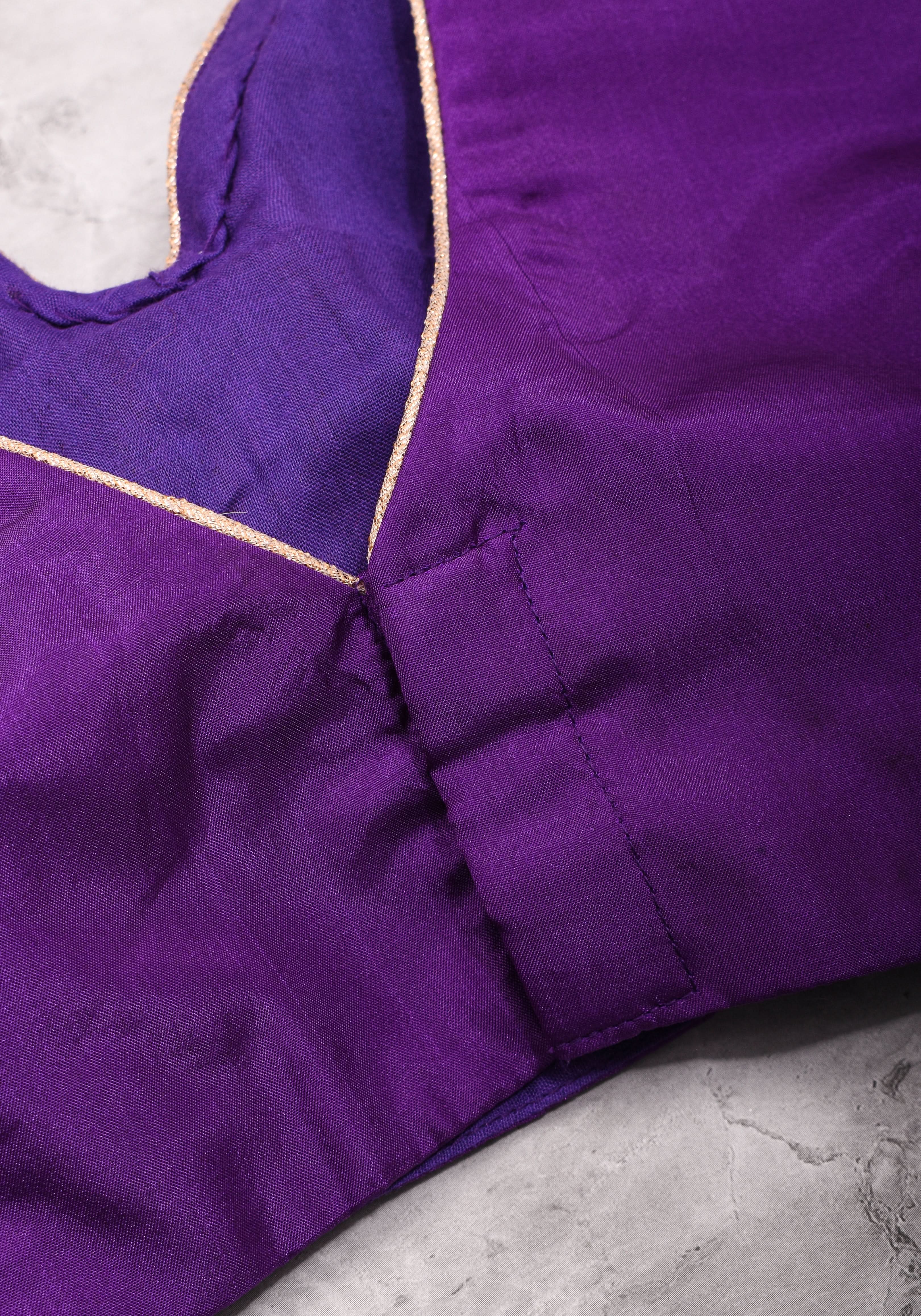 Purple silk & brocade V neck blouse with 3/4th sleeves, Made to Order | Shobitam