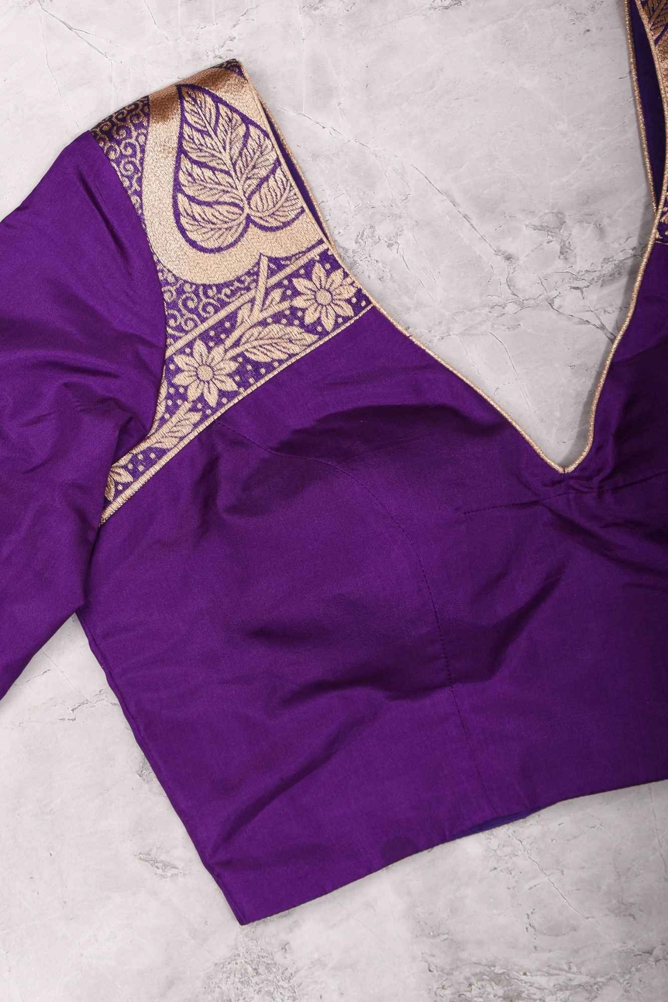 Purple silk & brocade V neck blouse with 3/4th sleeves, Made to Order