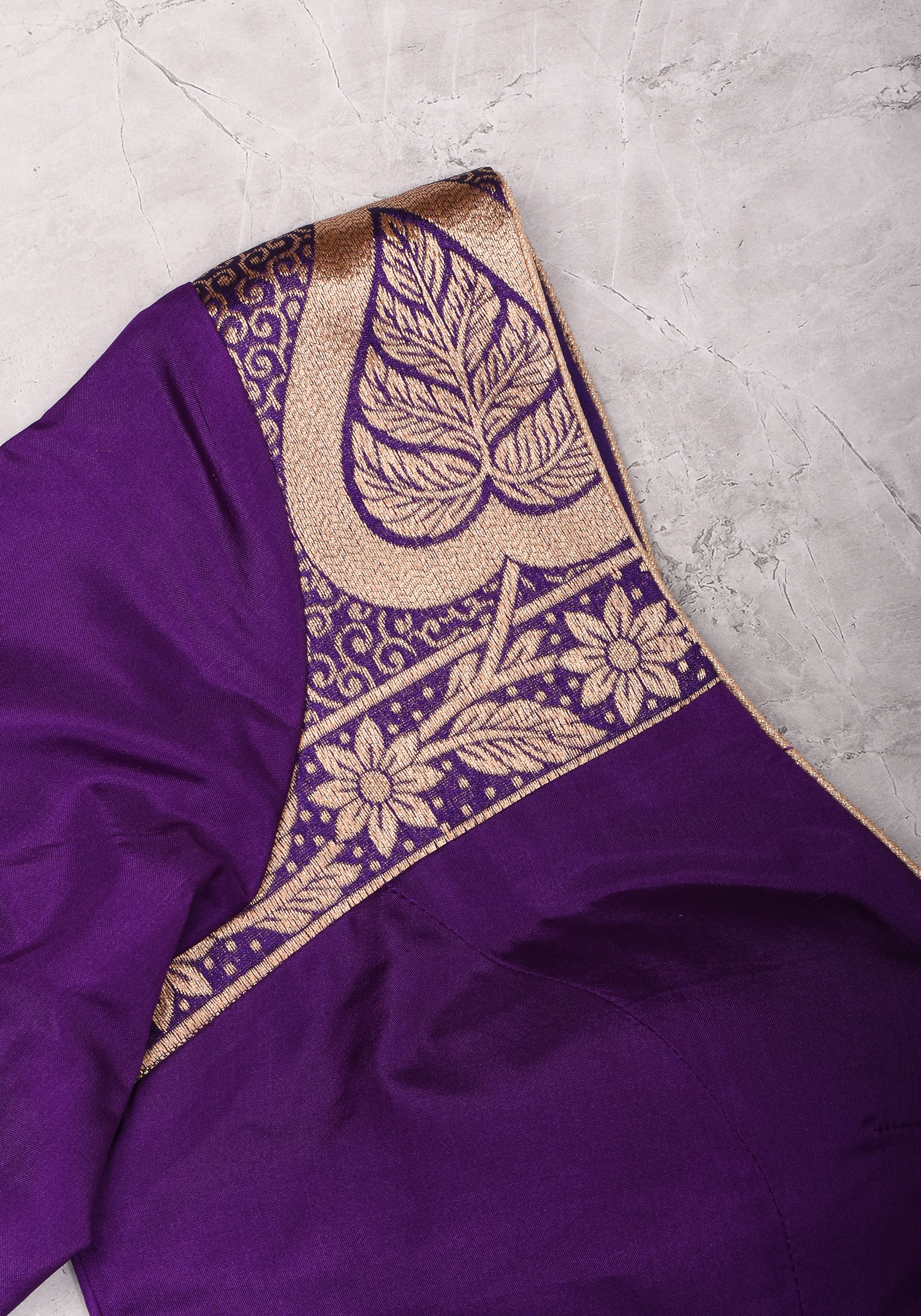 Purple silk & brocade V neck blouse with 3/4th sleeves, Made to Order | Shobitam