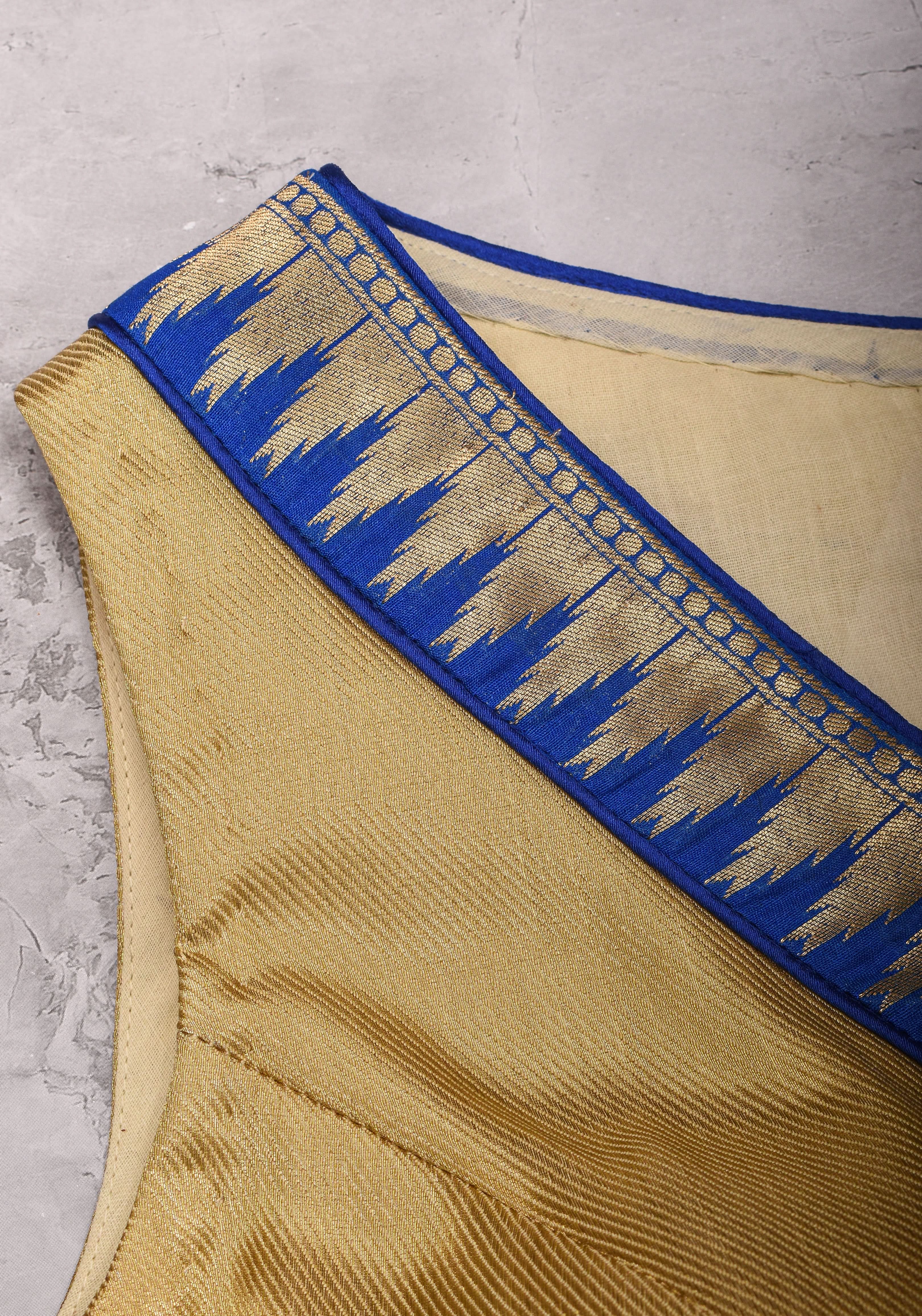 Muted Gold V neck neck sleeveless blouse with blue temple border, Made to Order | Shobitam