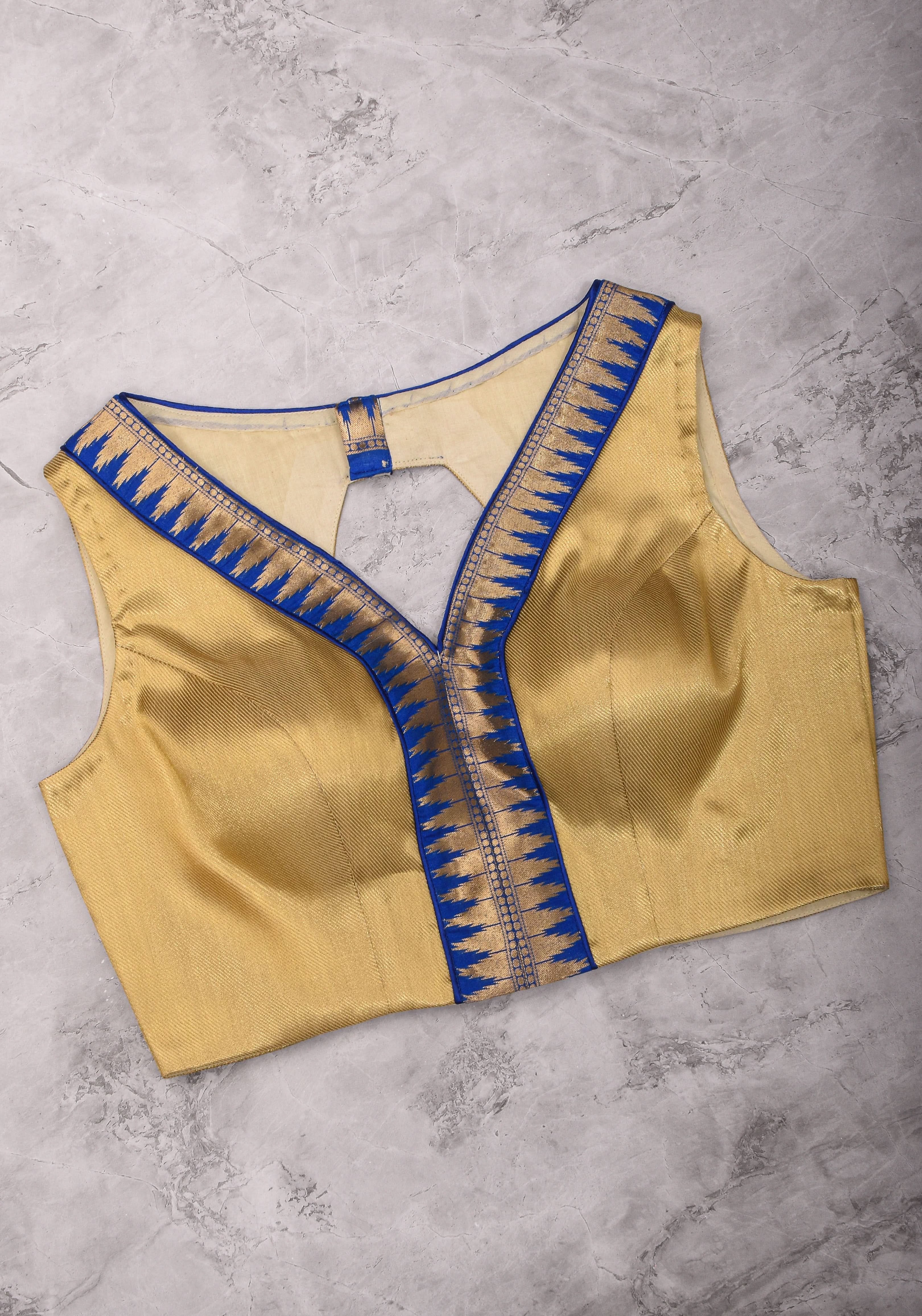 Muted Gold V neck neck sleeveless blouse with blue temple border, Made to Order | Shobitam