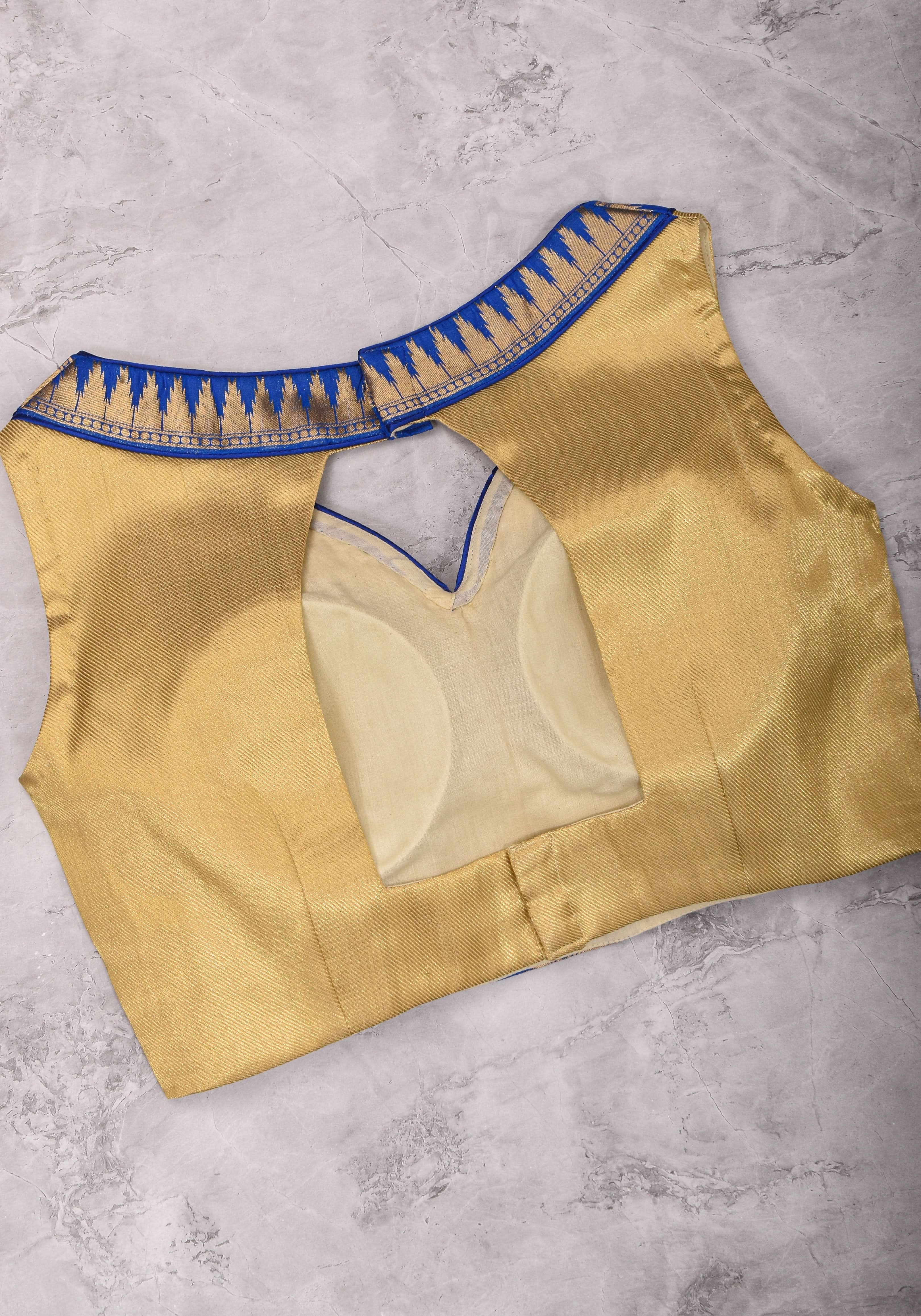 Muted Gold V neck neck sleeveless blouse with blue temple border, Made to Order | Shobitam