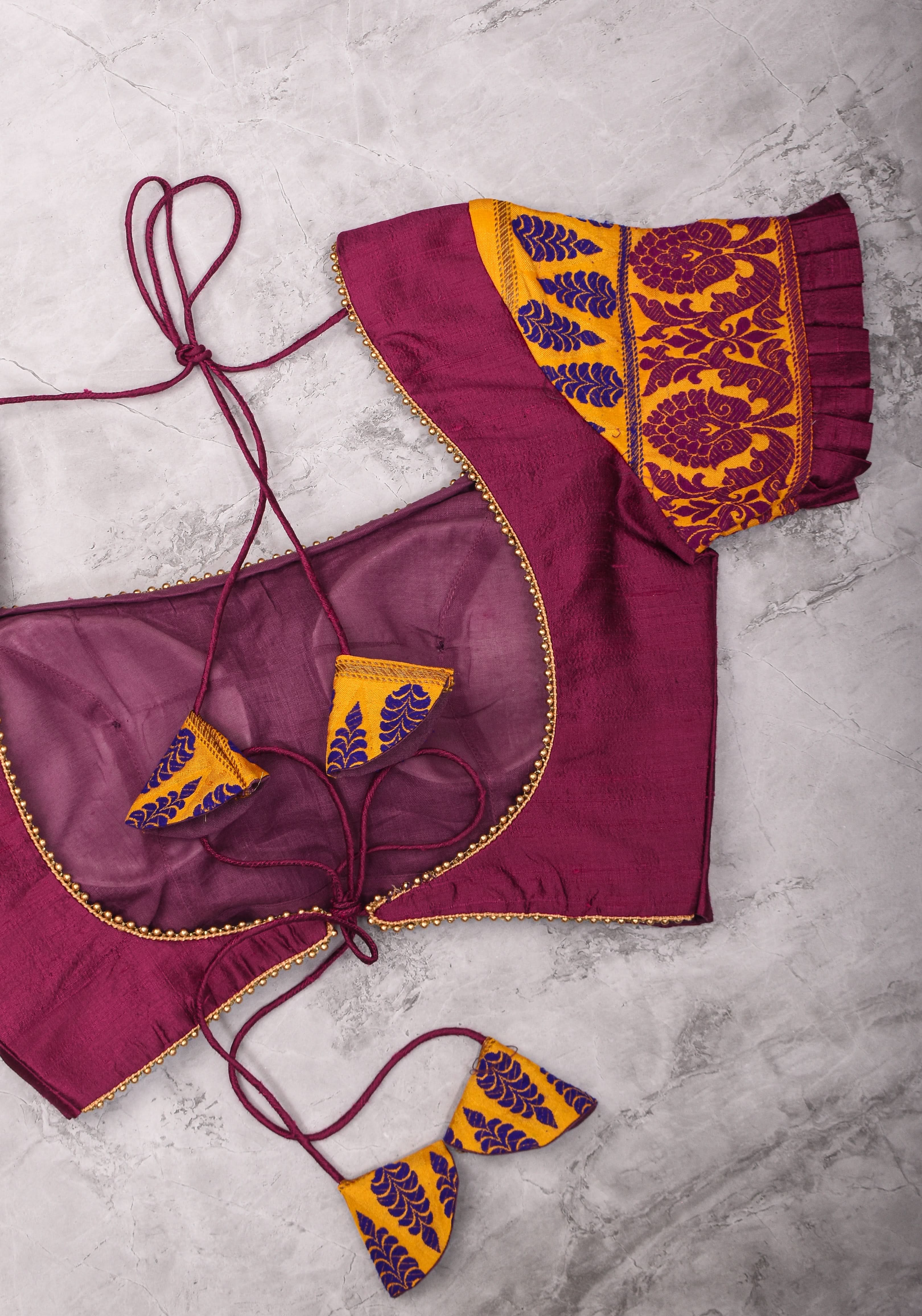 Magenta Pure rawsilk with yellow brocade U neck Blouse with back tie design, Made to Order | Shobitam