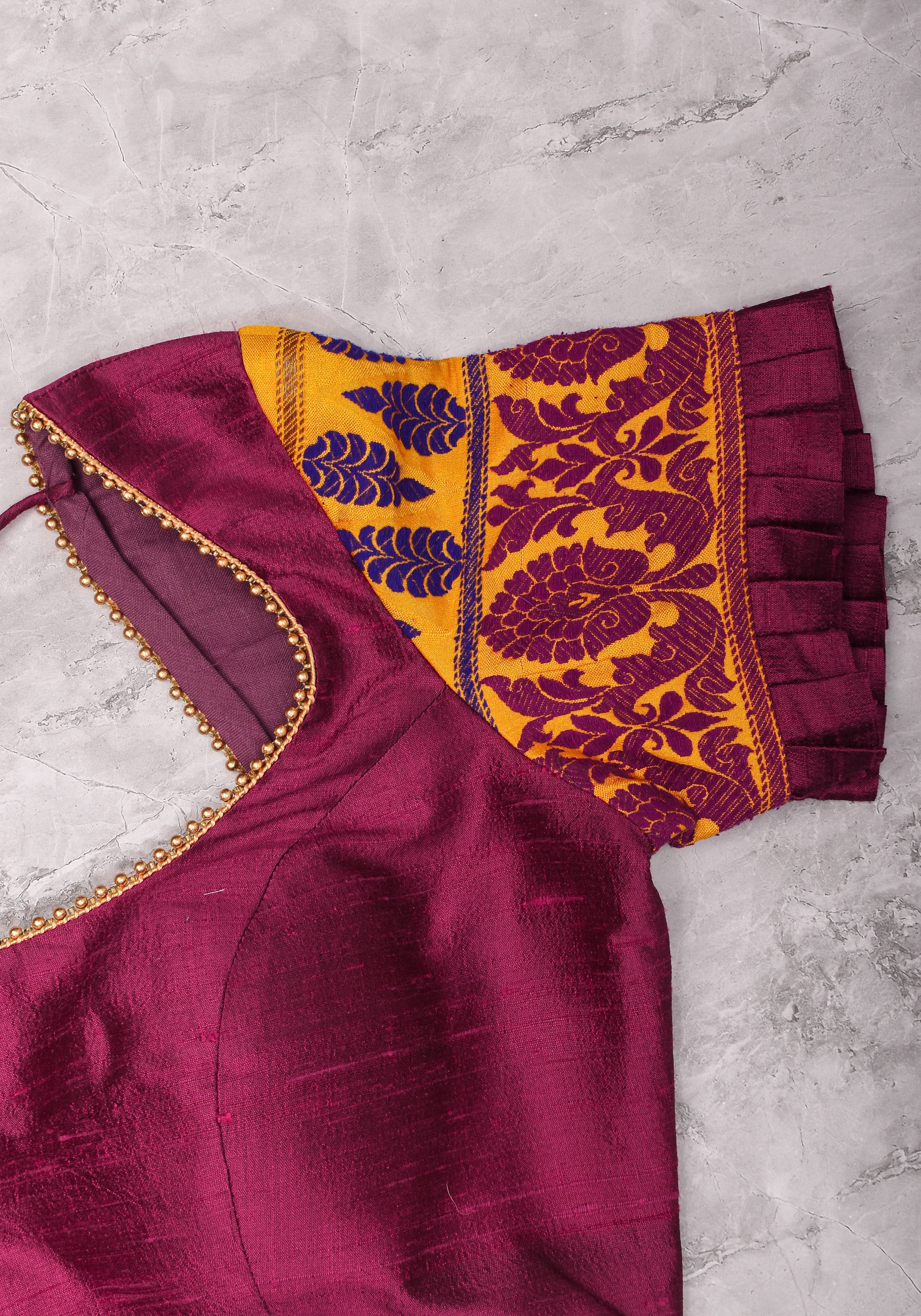 Magenta Pure rawsilk with yellow brocade U neck Blouse with back tie design, Made to Order | Shobitam