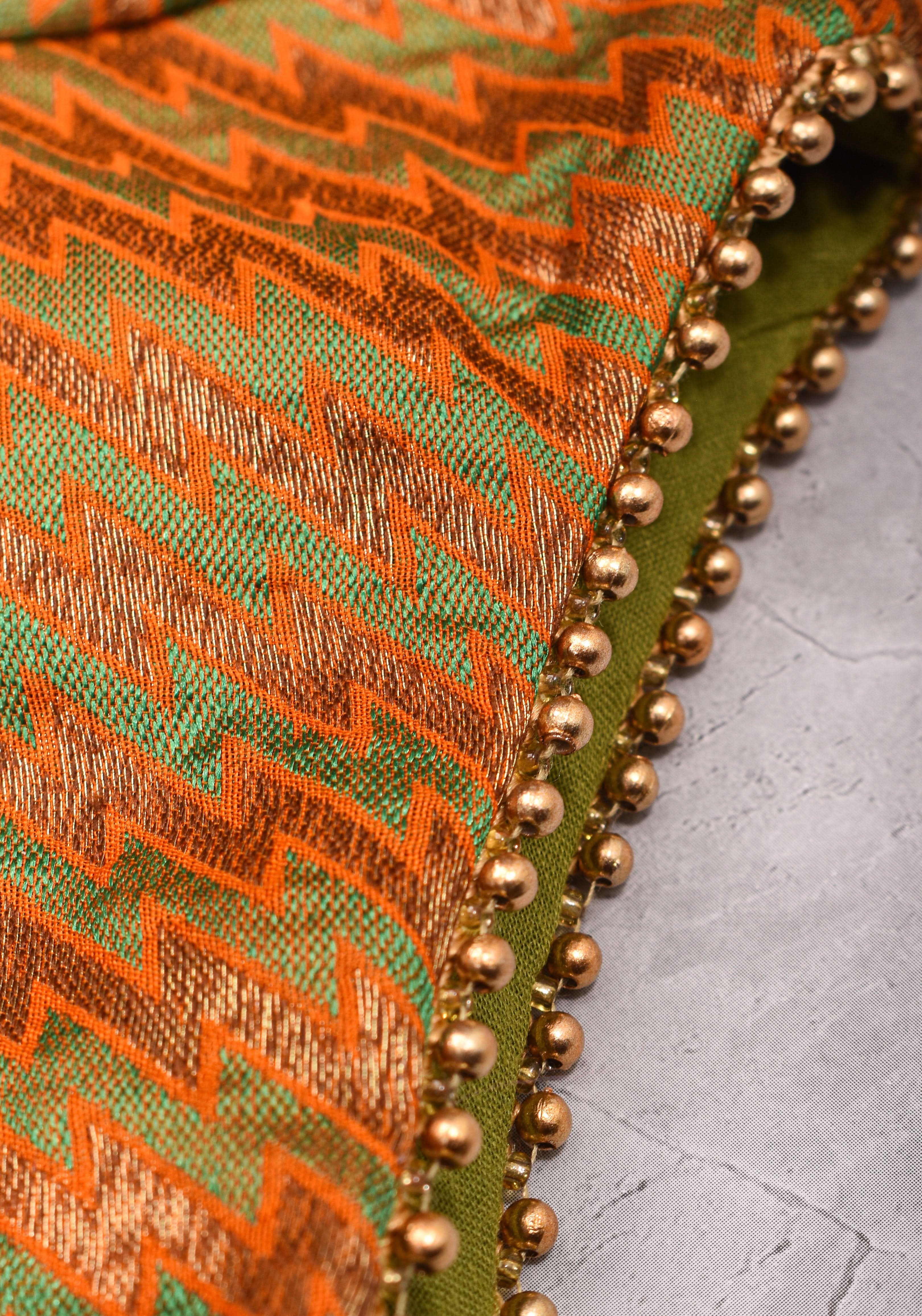 Henna Green and orange Jacquard boatneck blouse with plain silk detailing, Made to Order | Shobitam