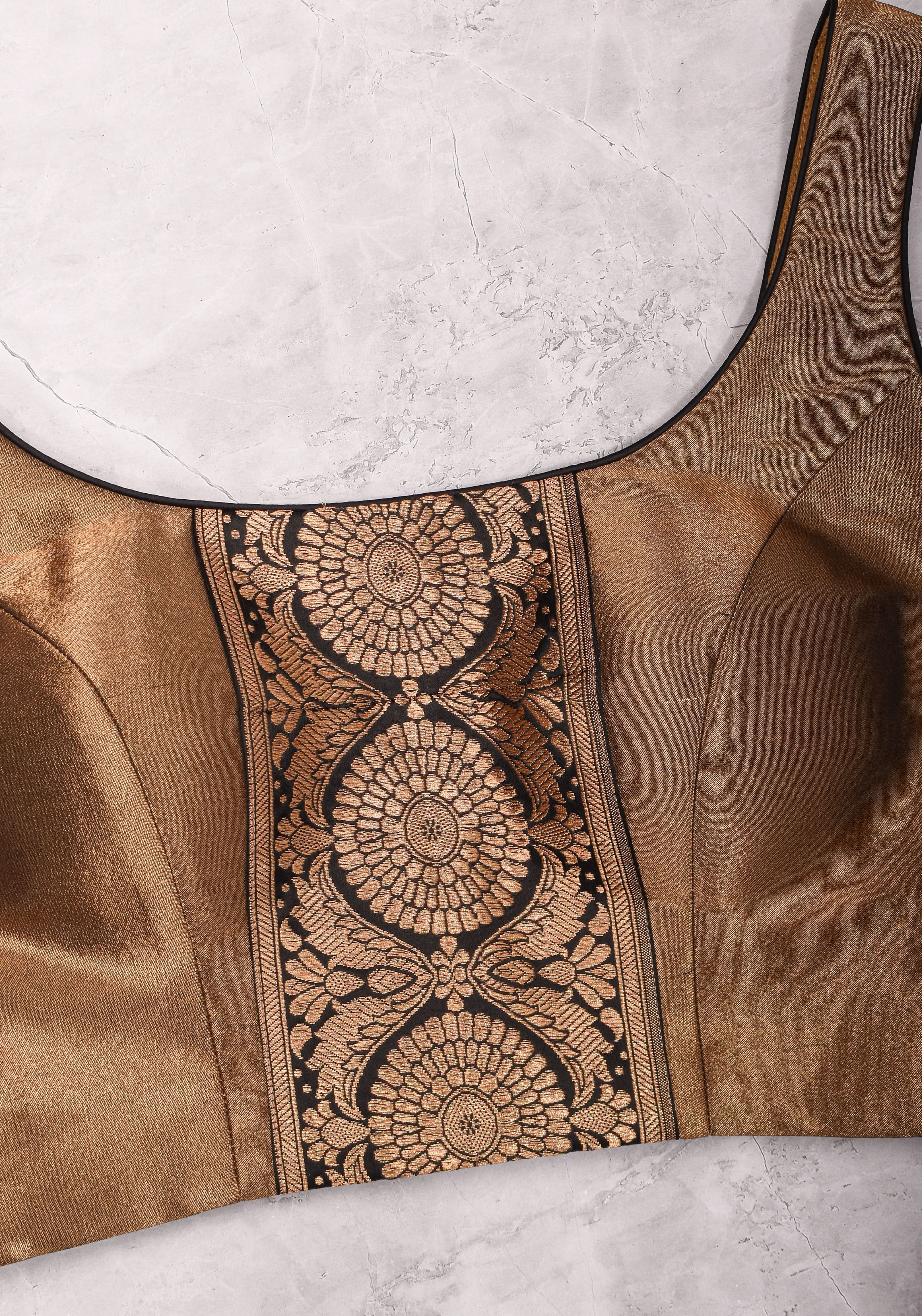 Bronze tissue brocade U  neck sleeveless blouse with black brocade detailing | Shobitam
