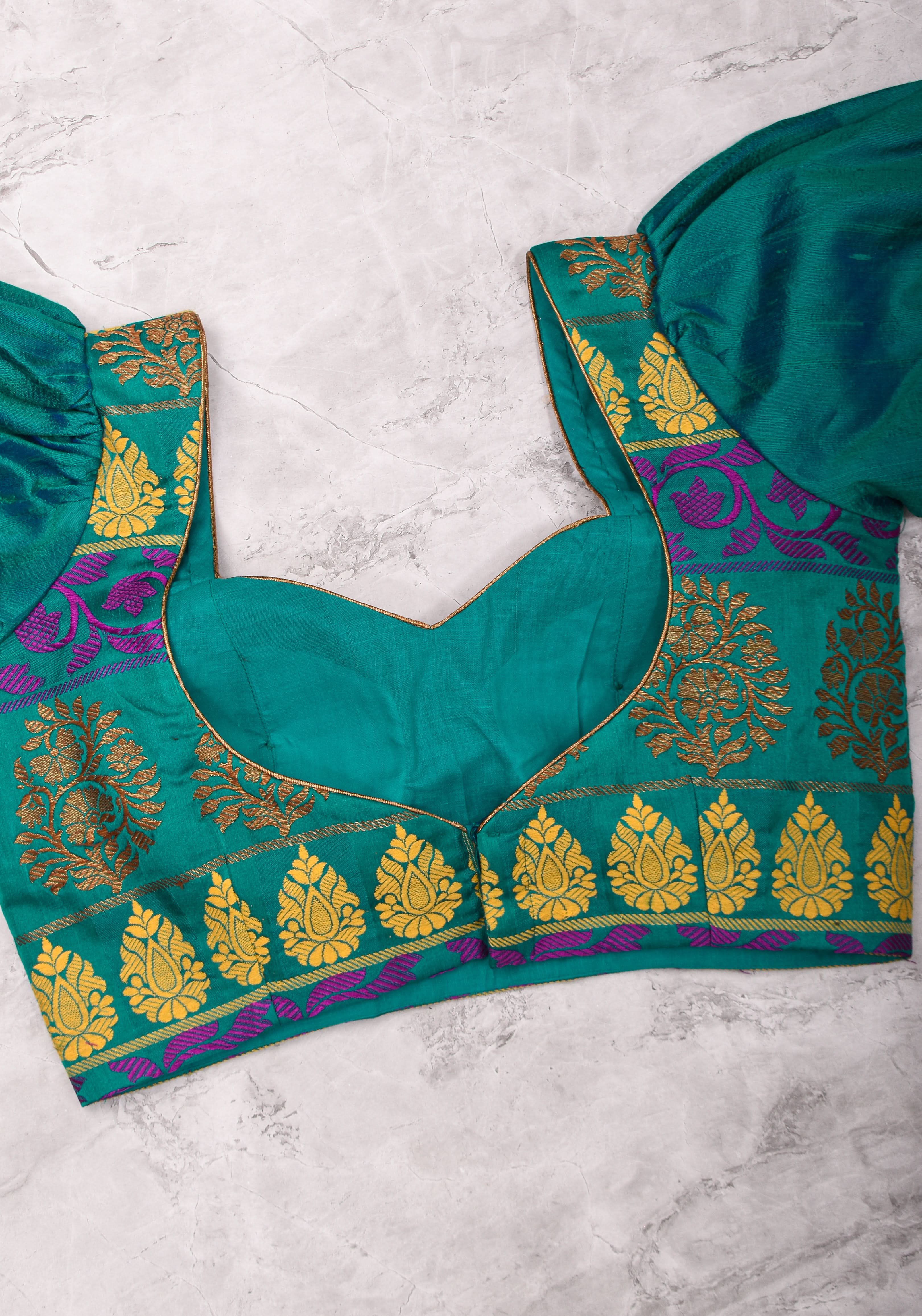 Teal brocade & pure rawsilk sweet heart neck blouse with sleeve detailing, Made to Order | Shobitam