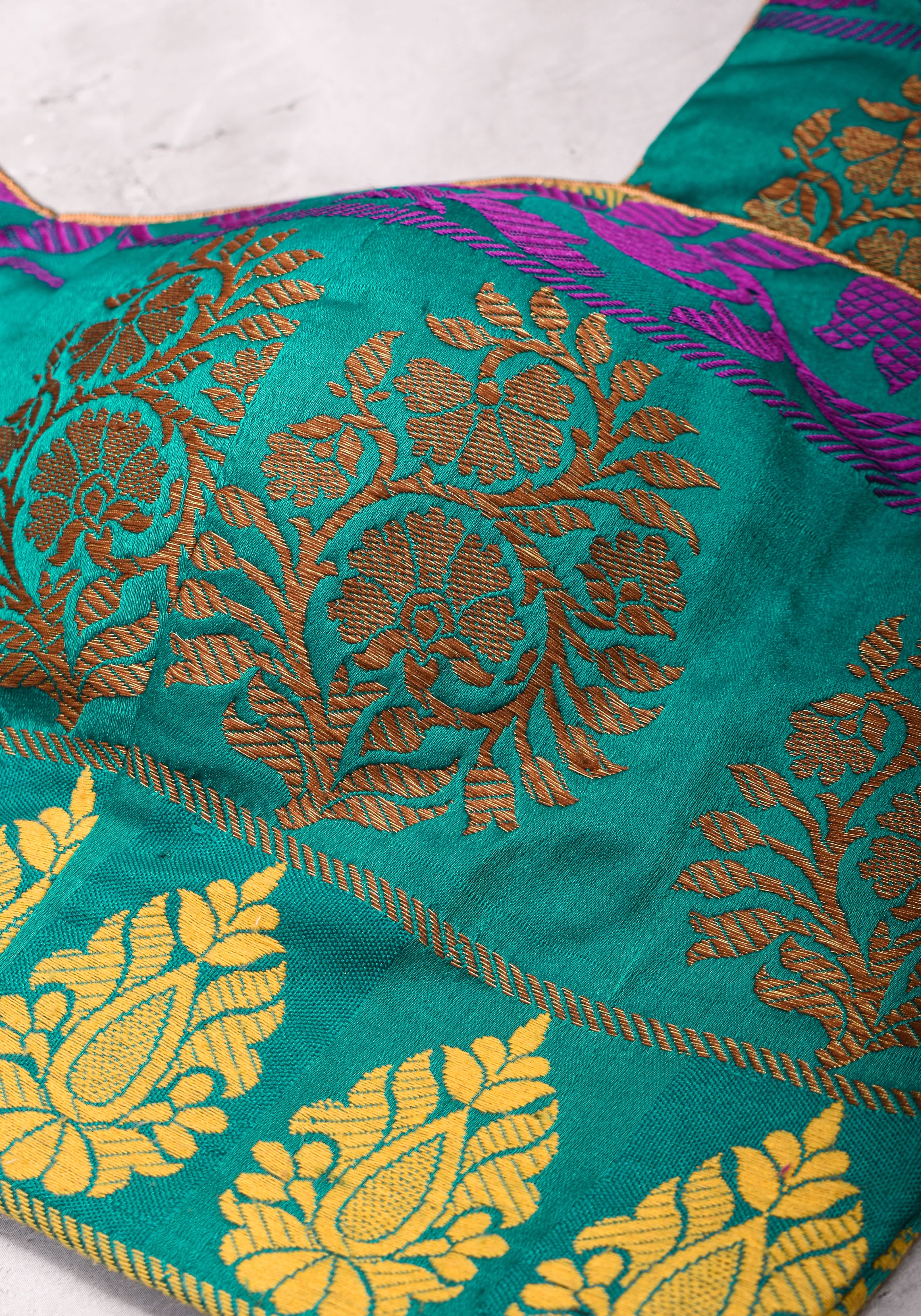 Teal brocade & pure rawsilk sweet heart neck blouse with sleeve detailing, Made to Order | Shobitam