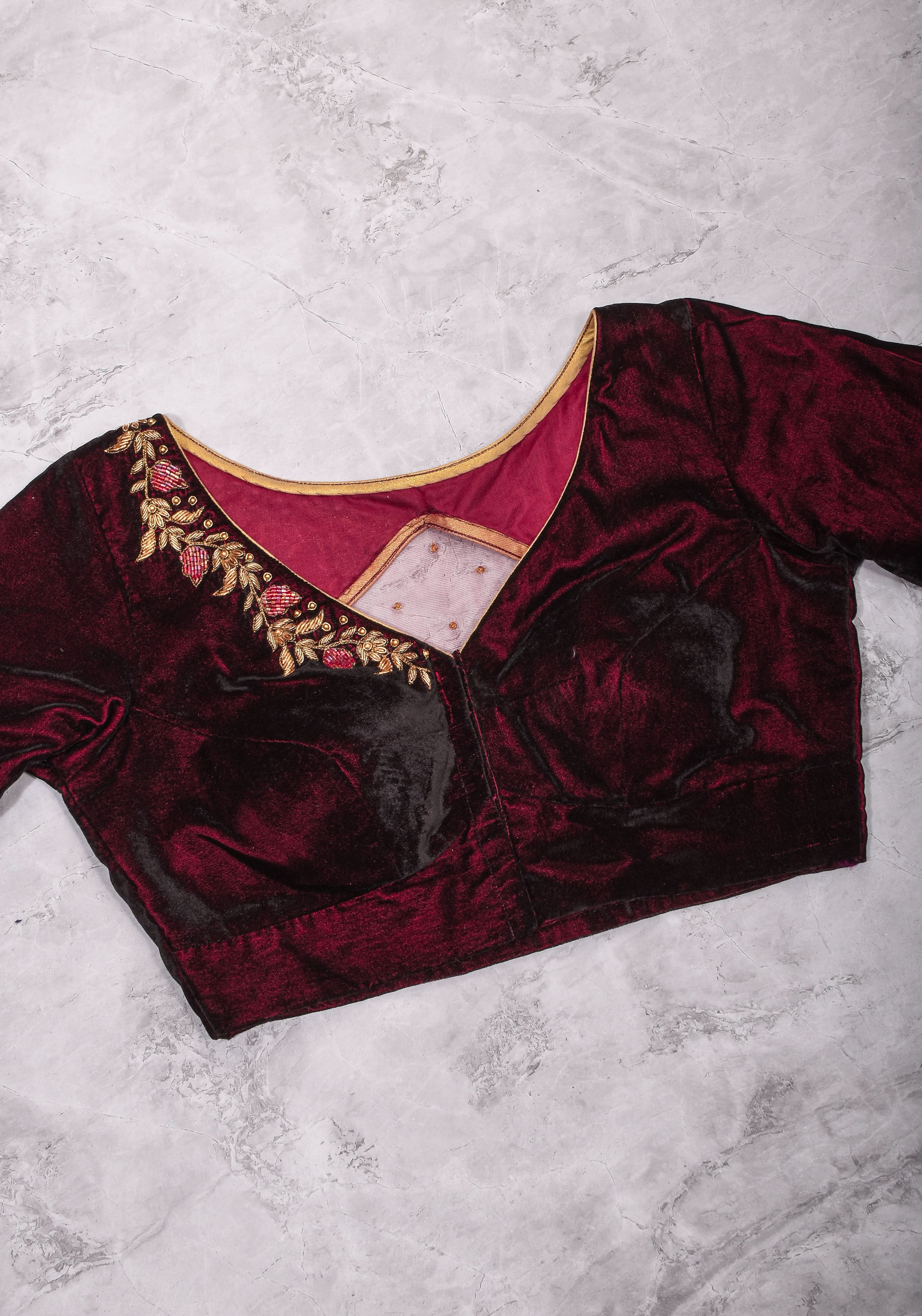 Maroon Velvet Blouse with Zardosi work Mix and Match Blouse for saree, Made to Order | Shobitam