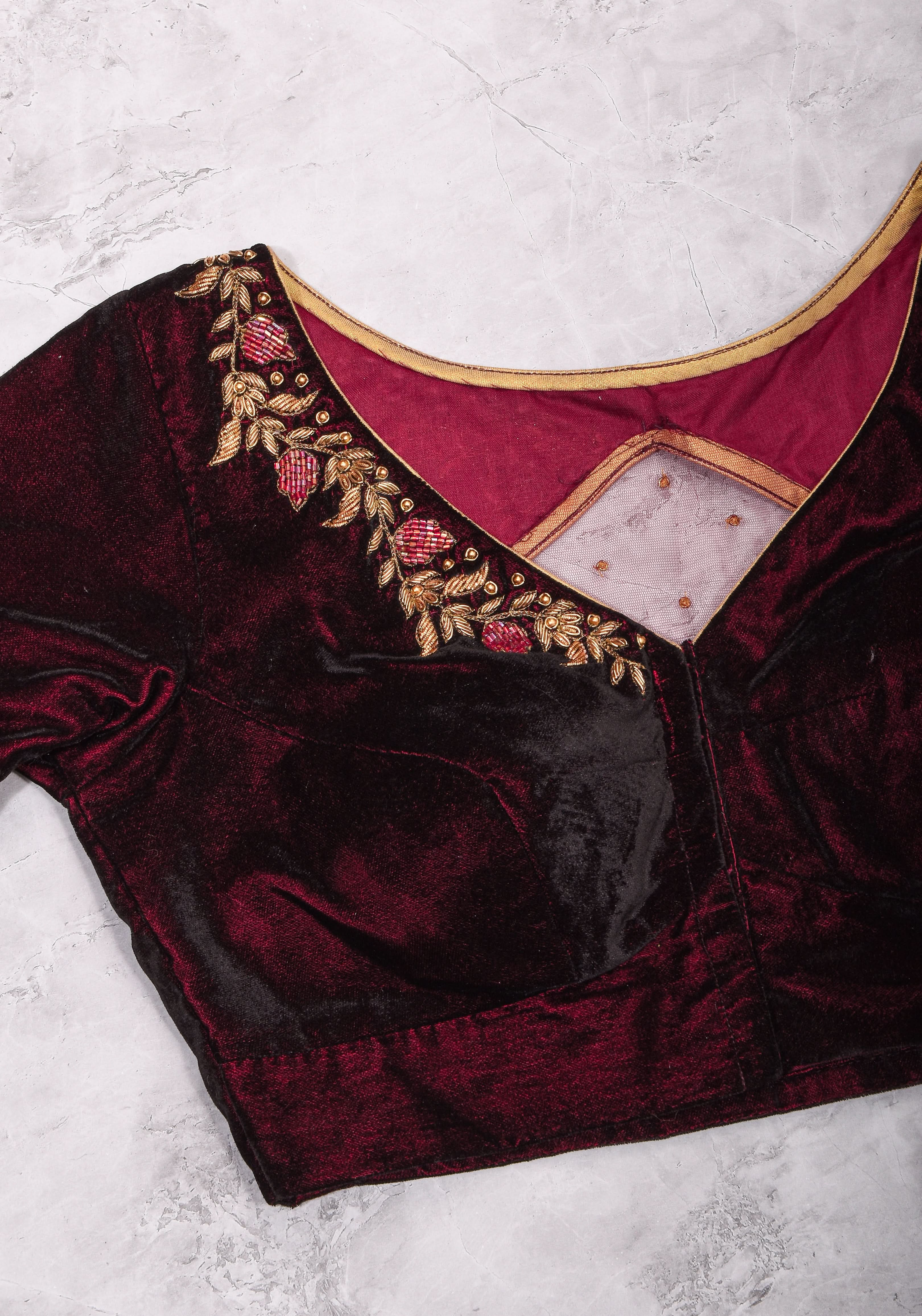 Maroon Velvet Blouse with Zardosi work Mix and Match Blouse for saree, Made to Order | Shobitam
