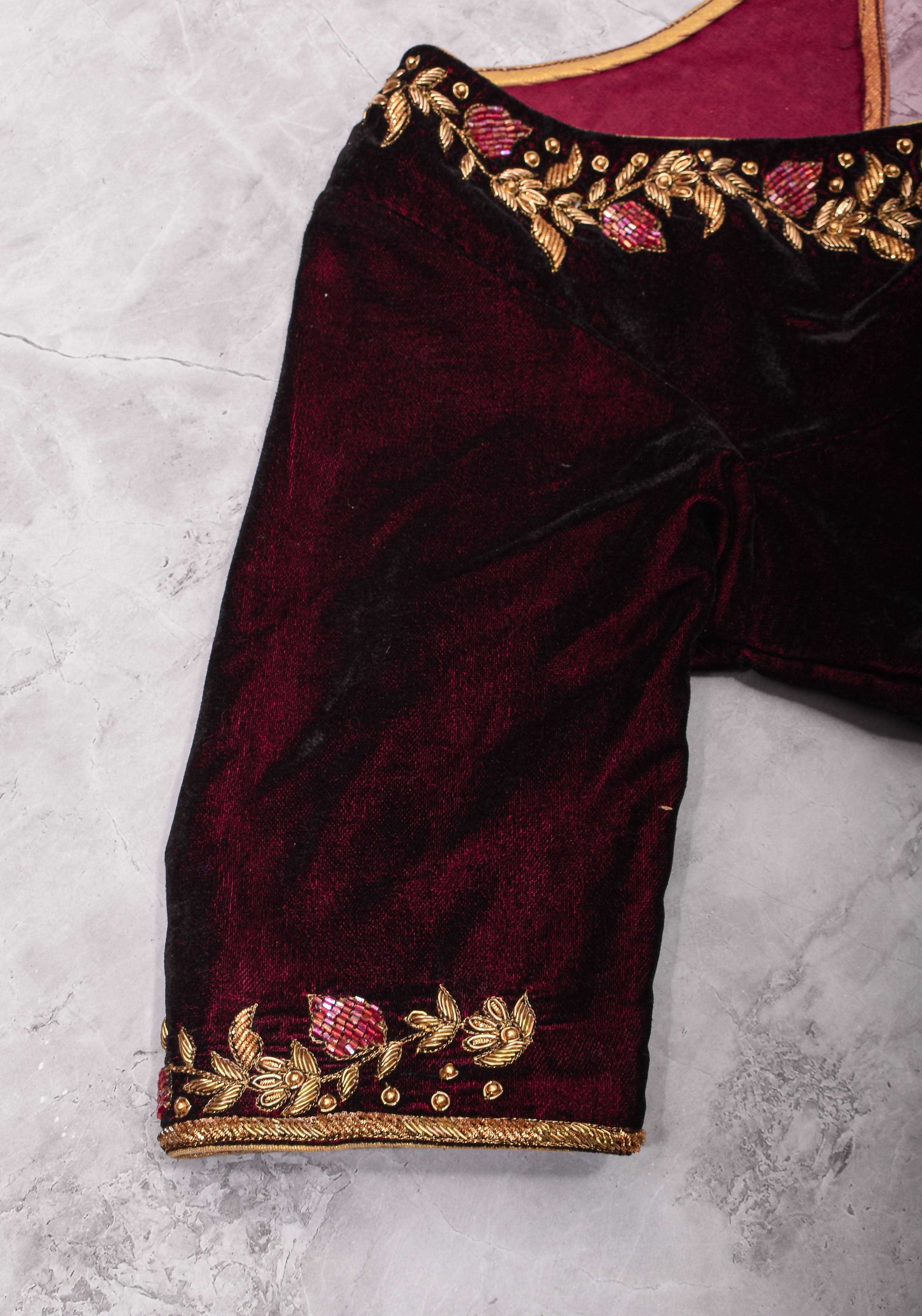 Maroon Velvet Blouse with Zardosi work Mix and Match Blouse for saree, Made to Order | Shobitam