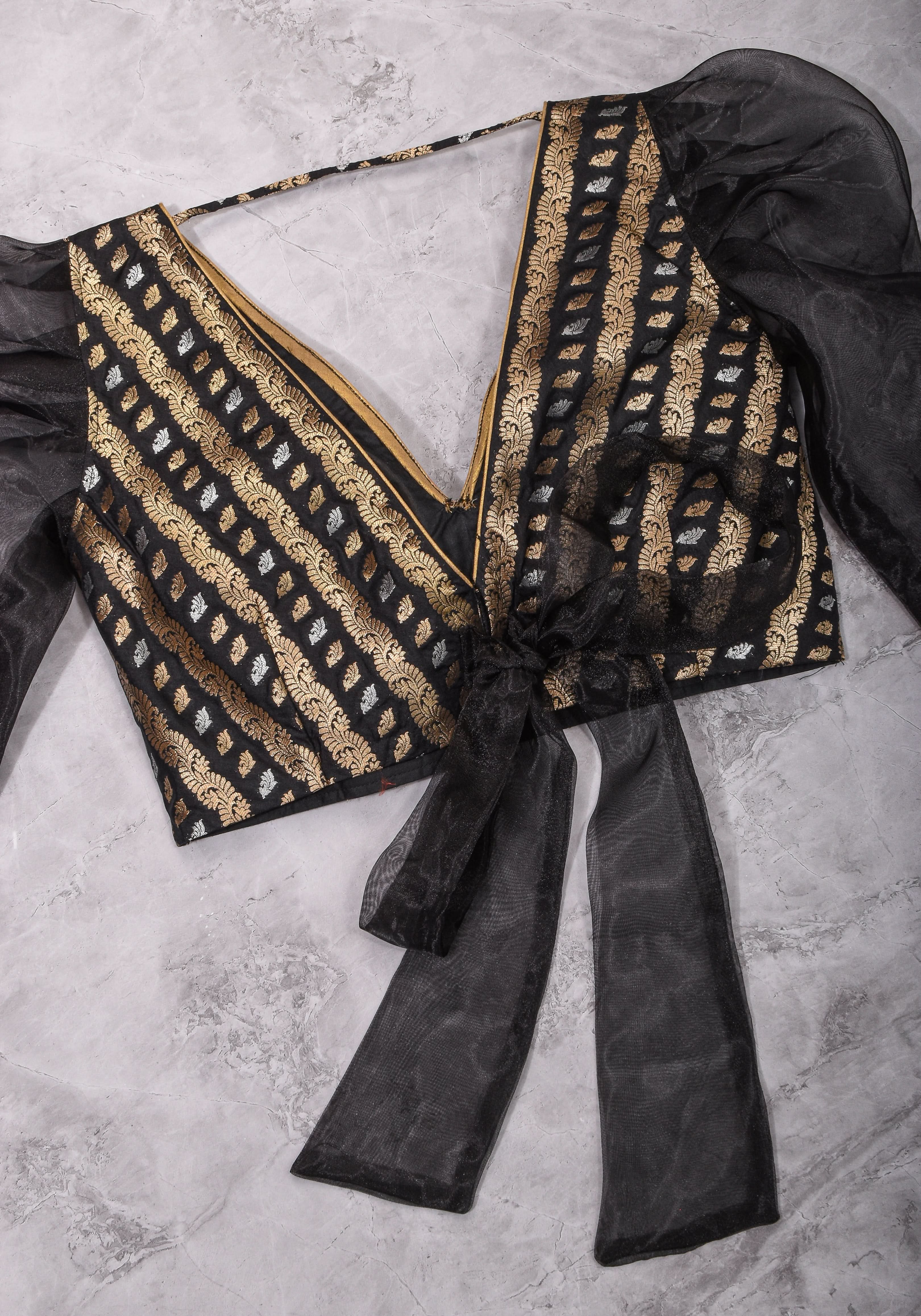 Black Brocade Blouse with Organza Puff Sleeves  Mix and Match Blouse for saree, Made to Order | Shobitam