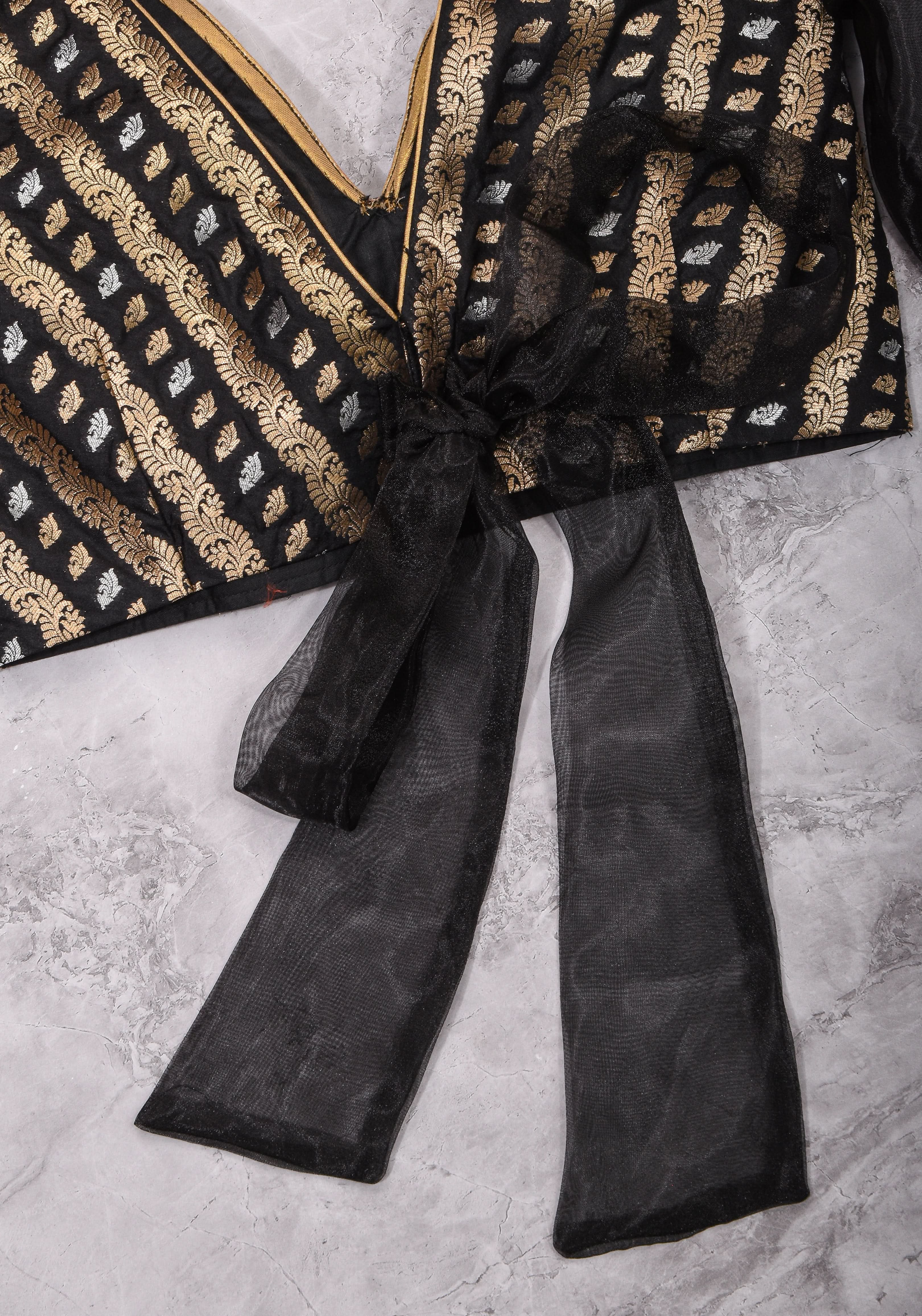 Black Brocade Blouse with Organza Puff Sleeves  Mix and Match Blouse for saree, Made to Order | Shobitam
