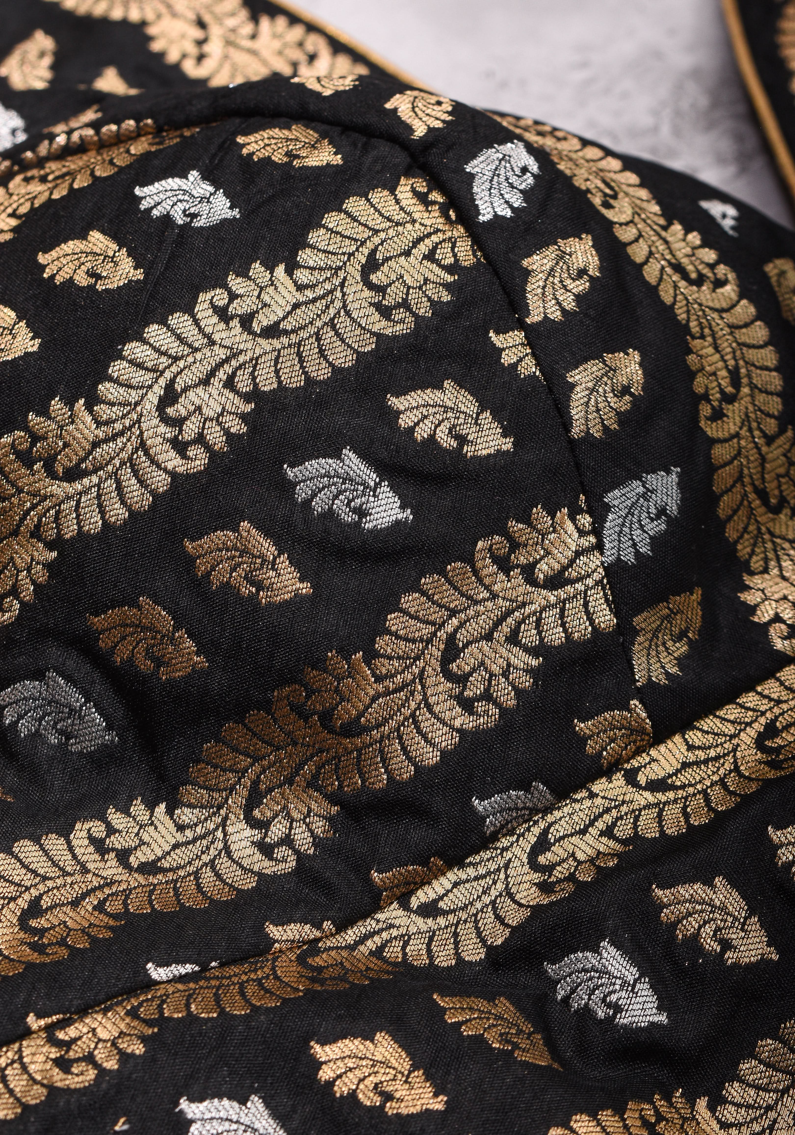 Black Brocade Blouse with Organza Puff Sleeves  Mix and Match Blouse for saree, Made to Order | Shobitam