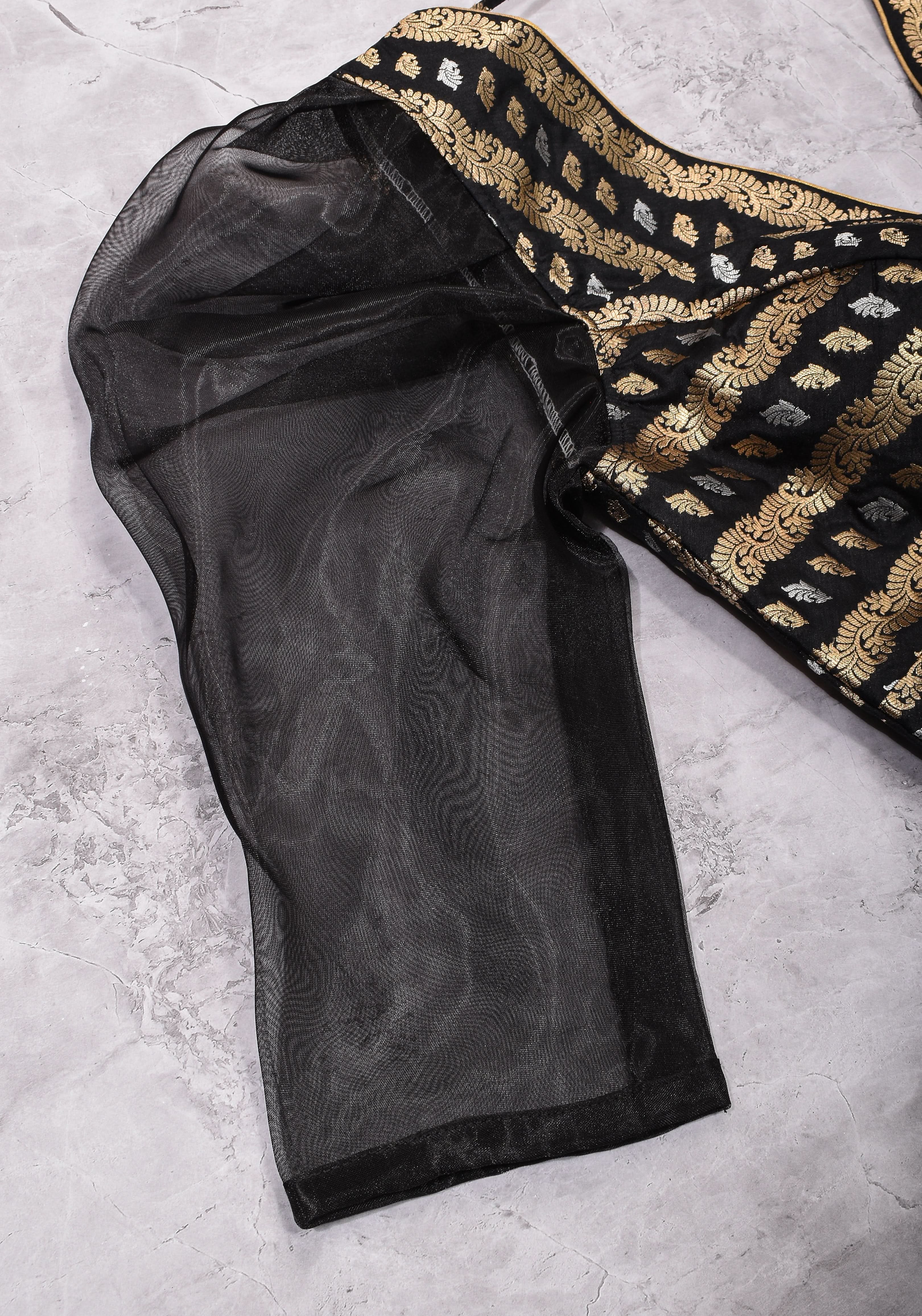 Black Brocade Blouse with Organza Puff Sleeves  Mix and Match Blouse for saree, Made to Order | Shobitam