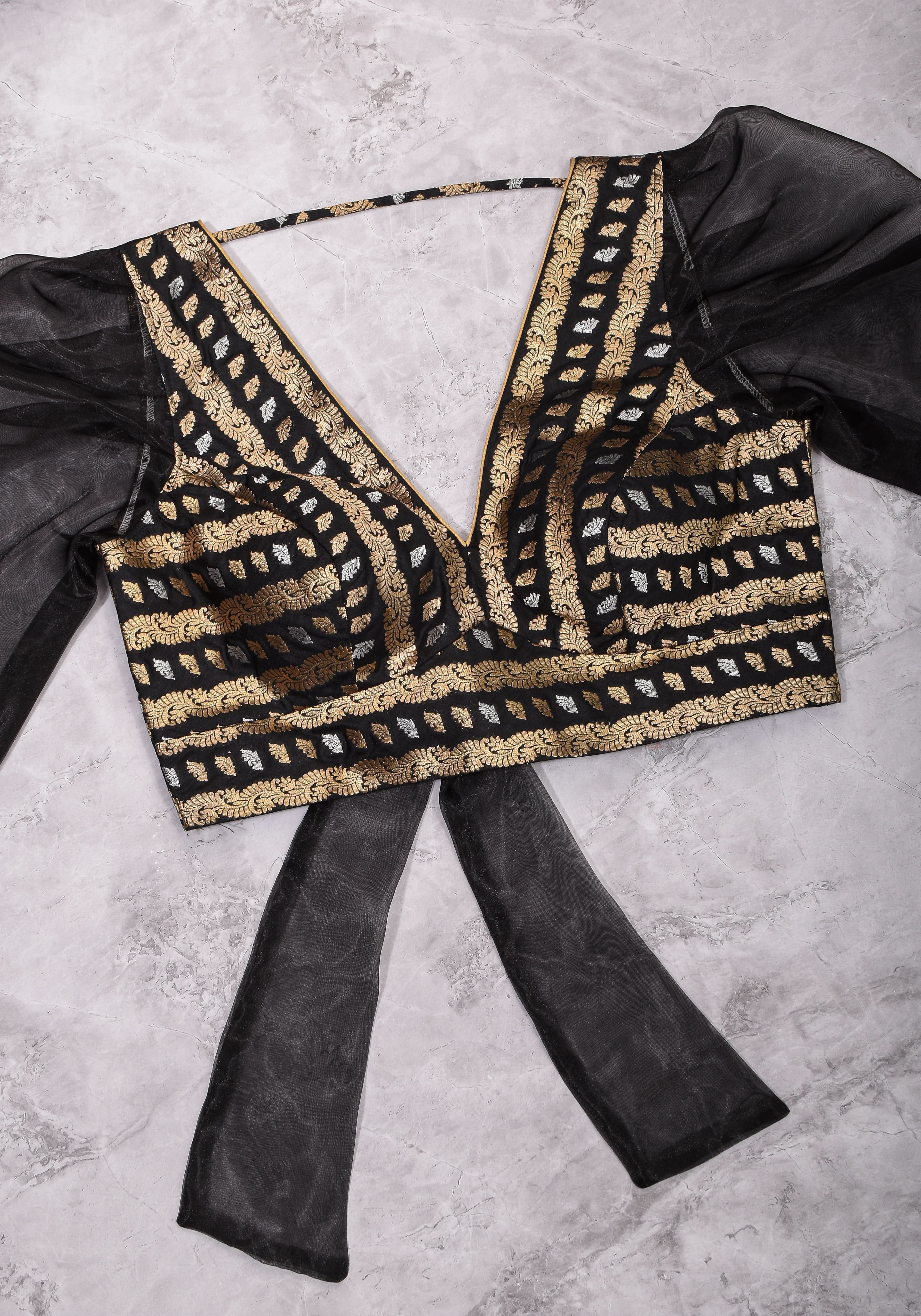 Black Brocade Blouse with Organza Puff Sleeves  Mix and Match Blouse for saree, Made to Order | Shobitam