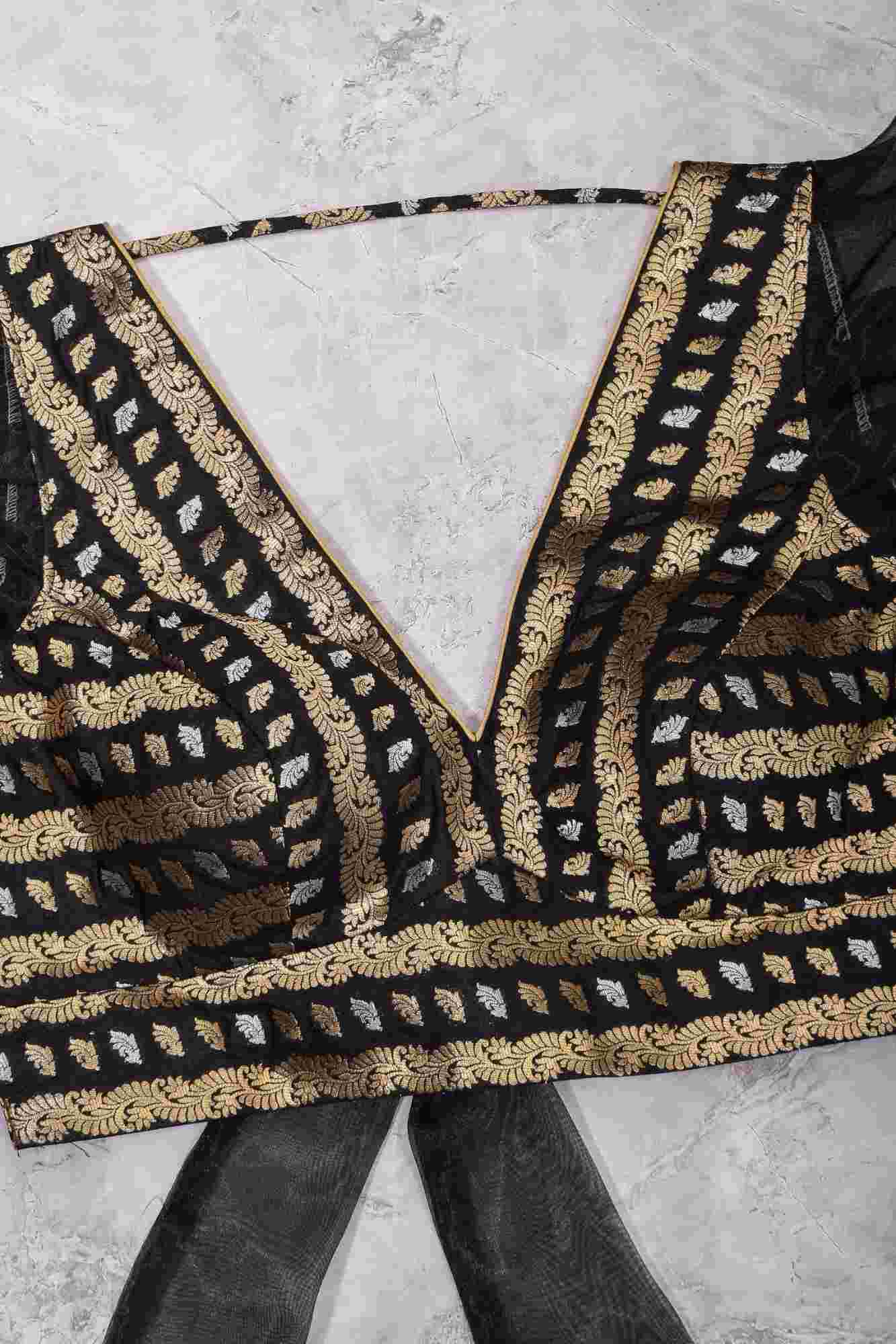 Black Brocade Blouse with Organza Puff Sleeves  Mix and Match Blouse for saree, Made to Order