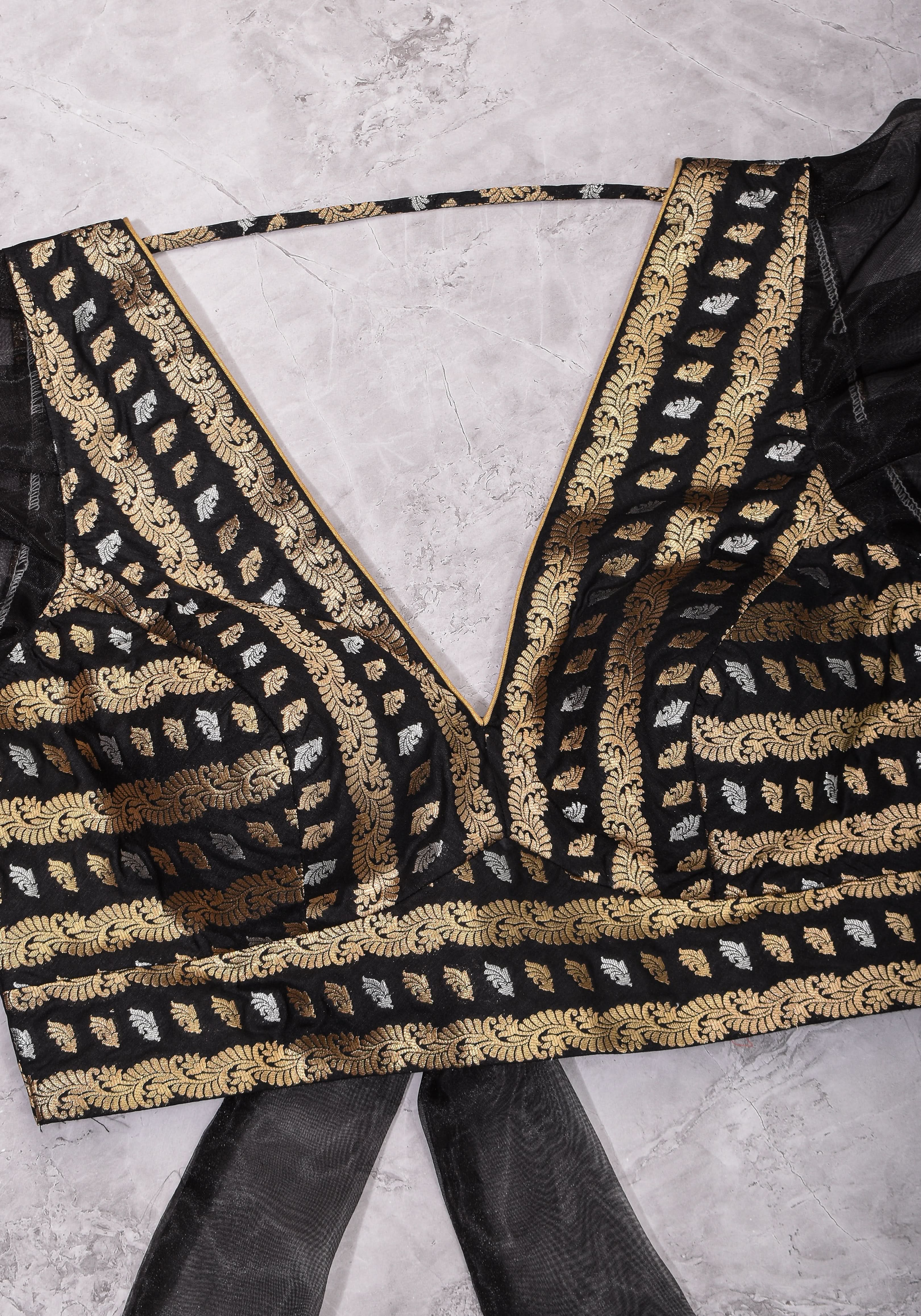 Black Brocade Blouse with Organza Puff Sleeves  Mix and Match Blouse for saree, Made to Order | Shobitam