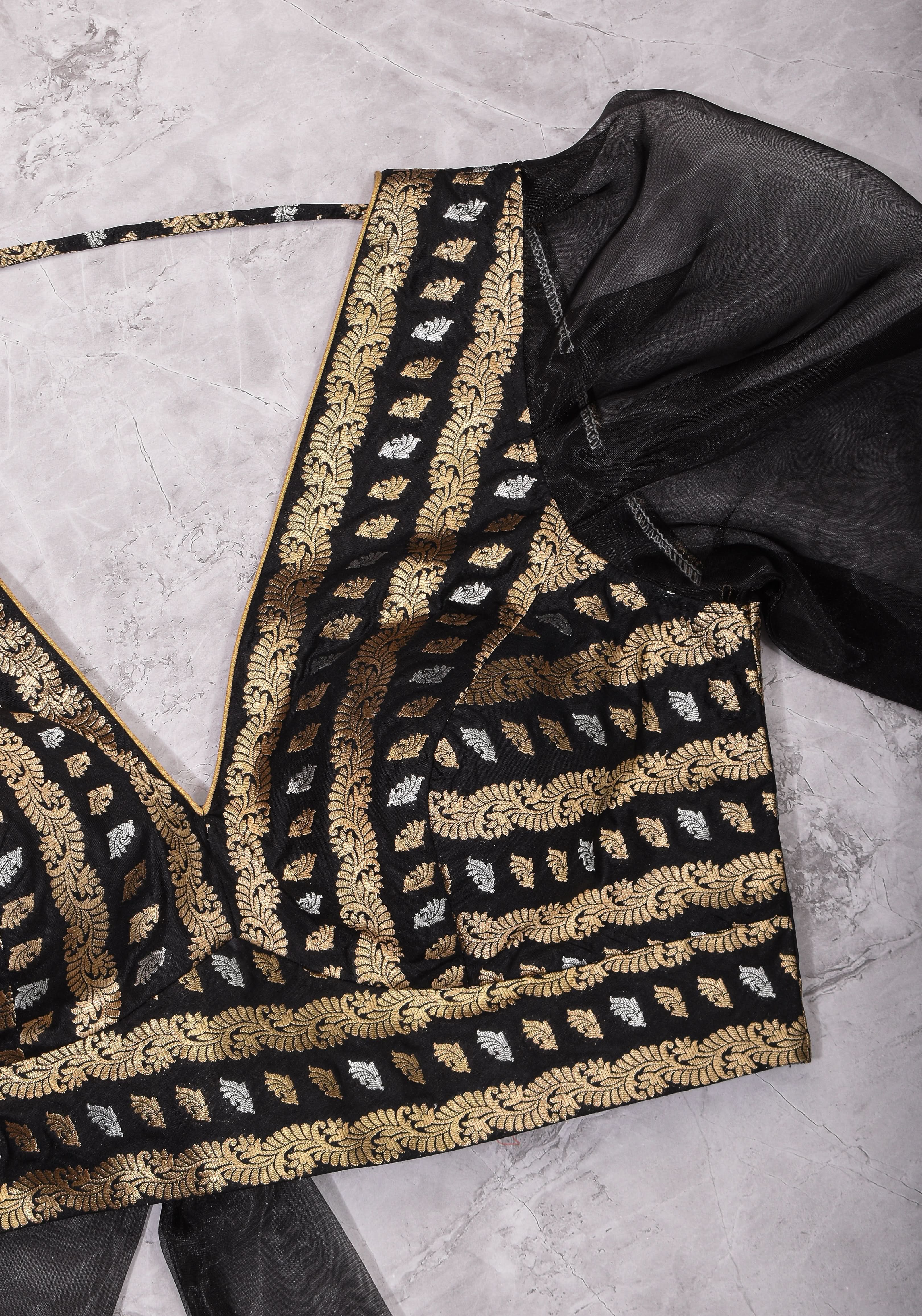 Black Brocade Blouse with Organza Puff Sleeves  Mix and Match Blouse for saree, Made to Order | Shobitam