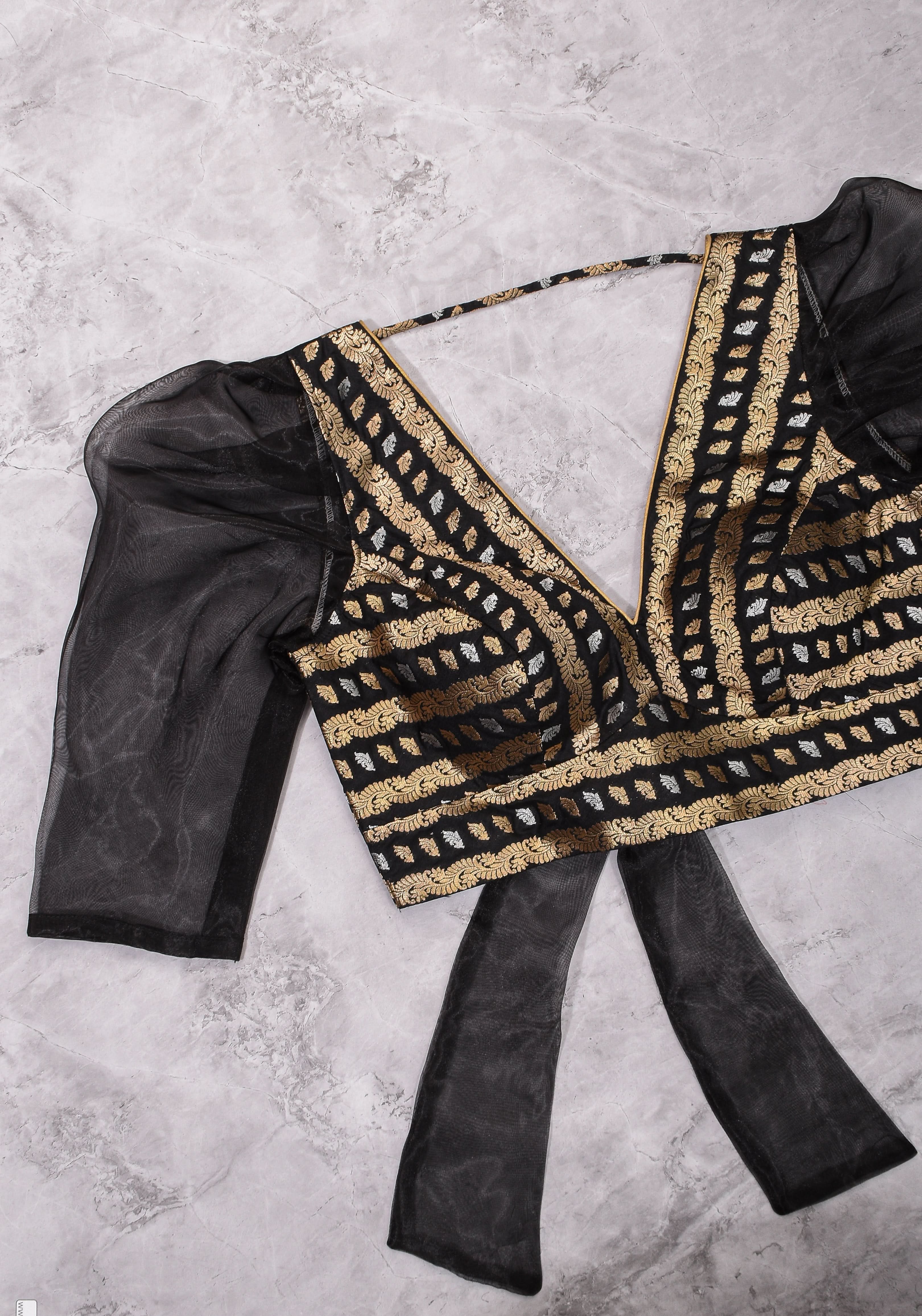 Black Brocade Blouse with Organza Puff Sleeves  Mix and Match Blouse for saree, Made to Order | Shobitam