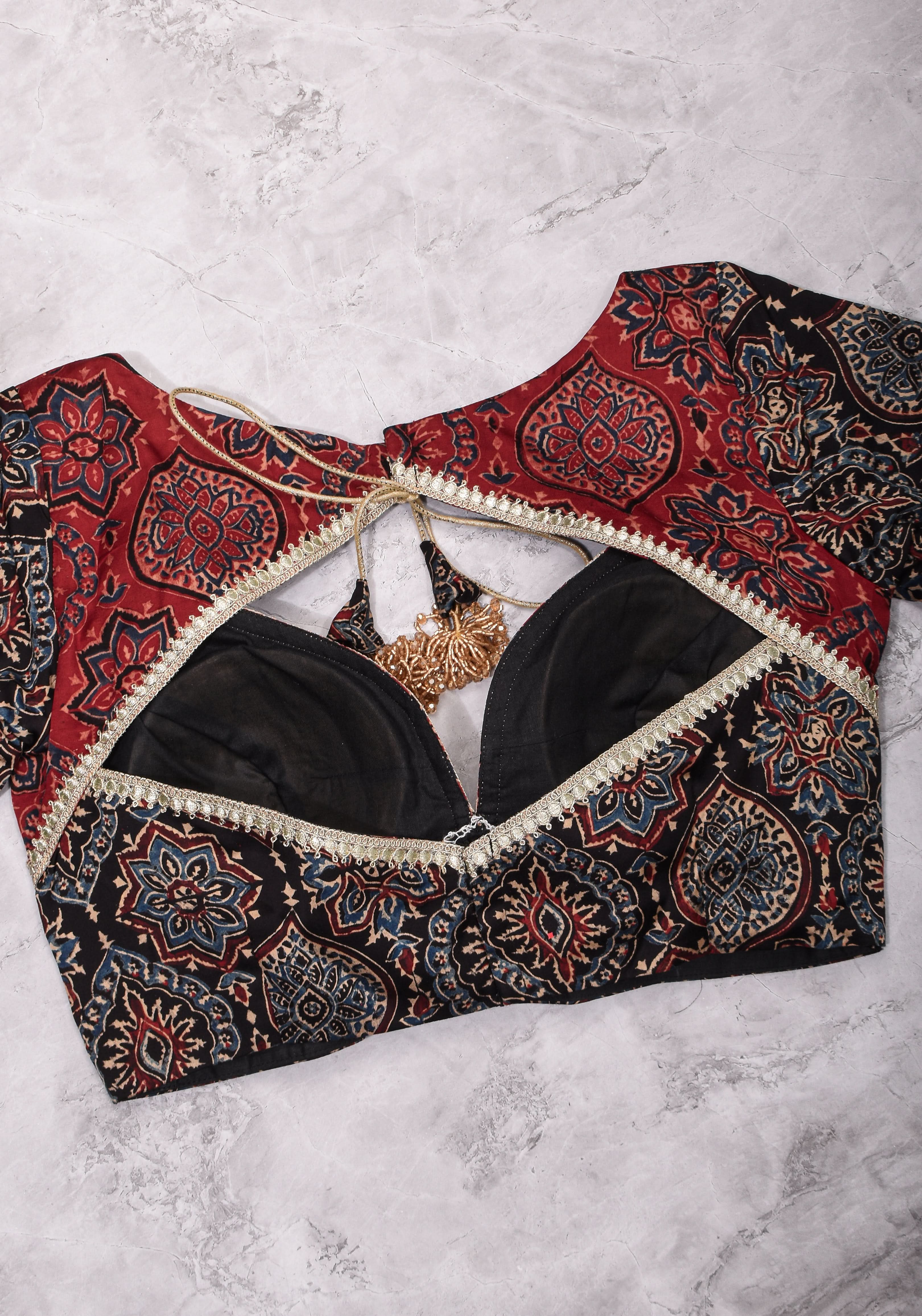 Black and Red Ajrakh Modal Silk Blouse with gota detailing  Mix and Match Blouse for saree, Made to Order | Shobitam
