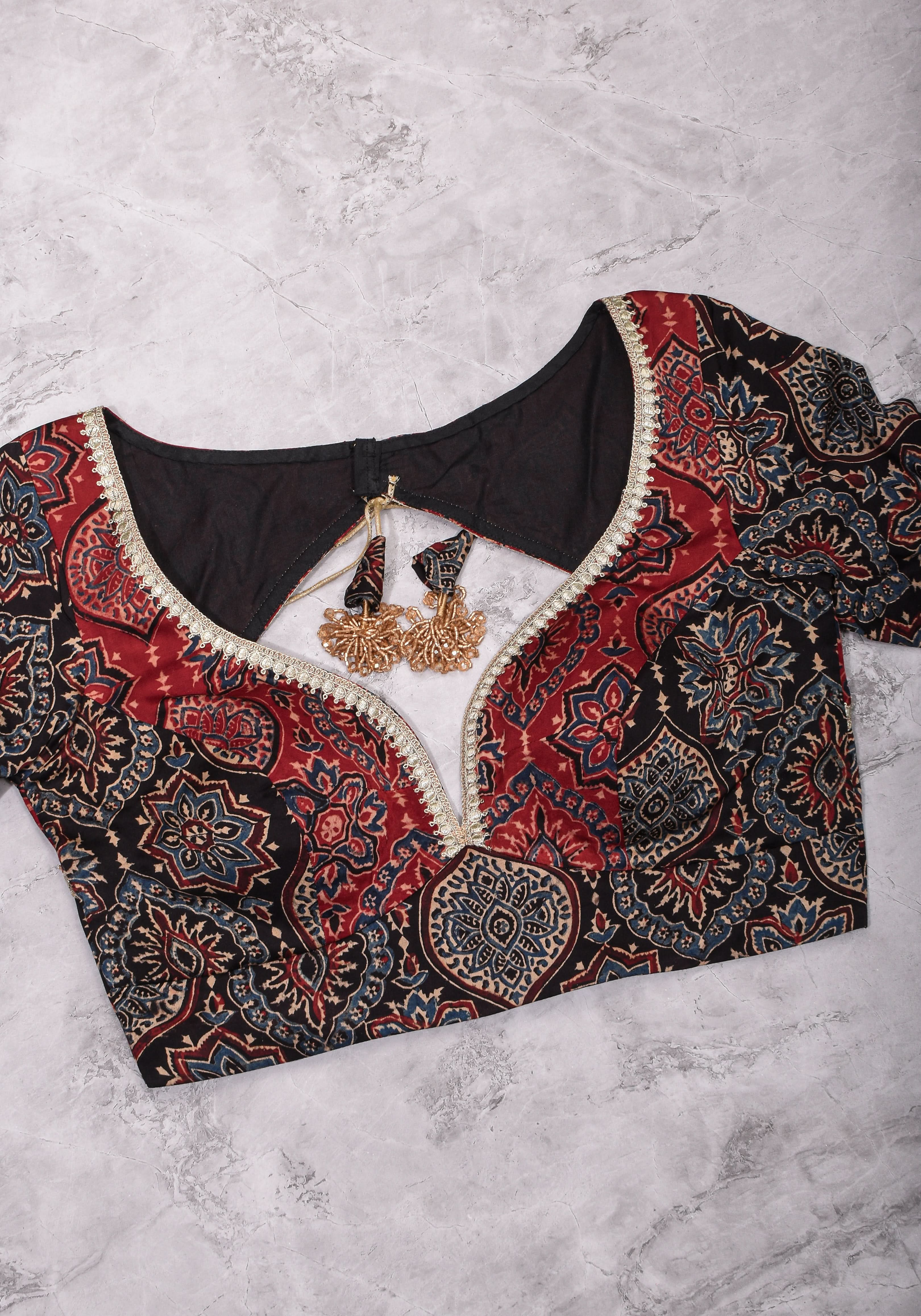 Black and Red Ajrakh Modal Silk Blouse with gota detailing  Mix and Match Blouse for saree, Made to Order | Shobitam