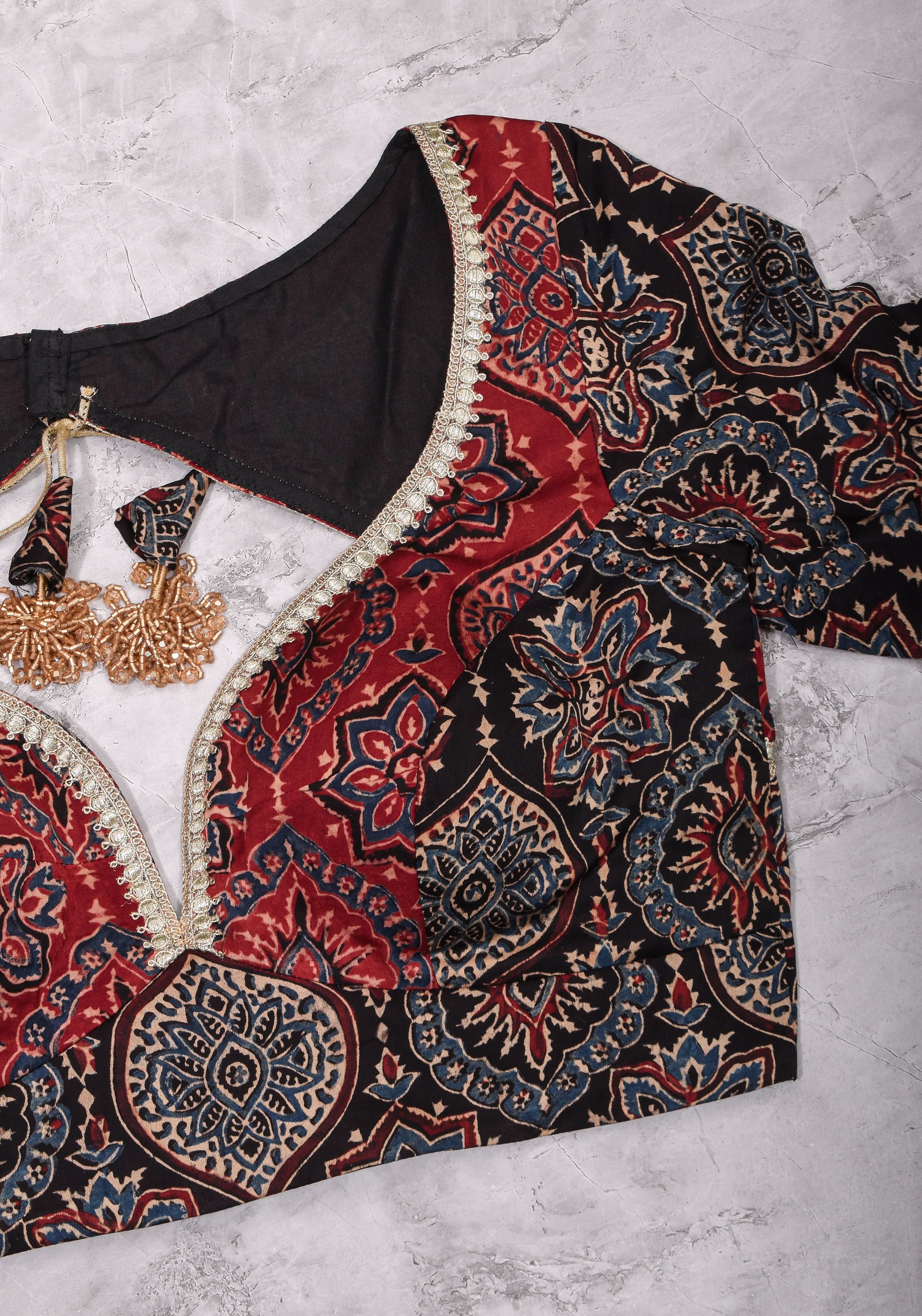 Black and Red Ajrakh Modal Silk Blouse with gota detailing  Mix and Match Blouse for saree, Made to Order | Shobitam