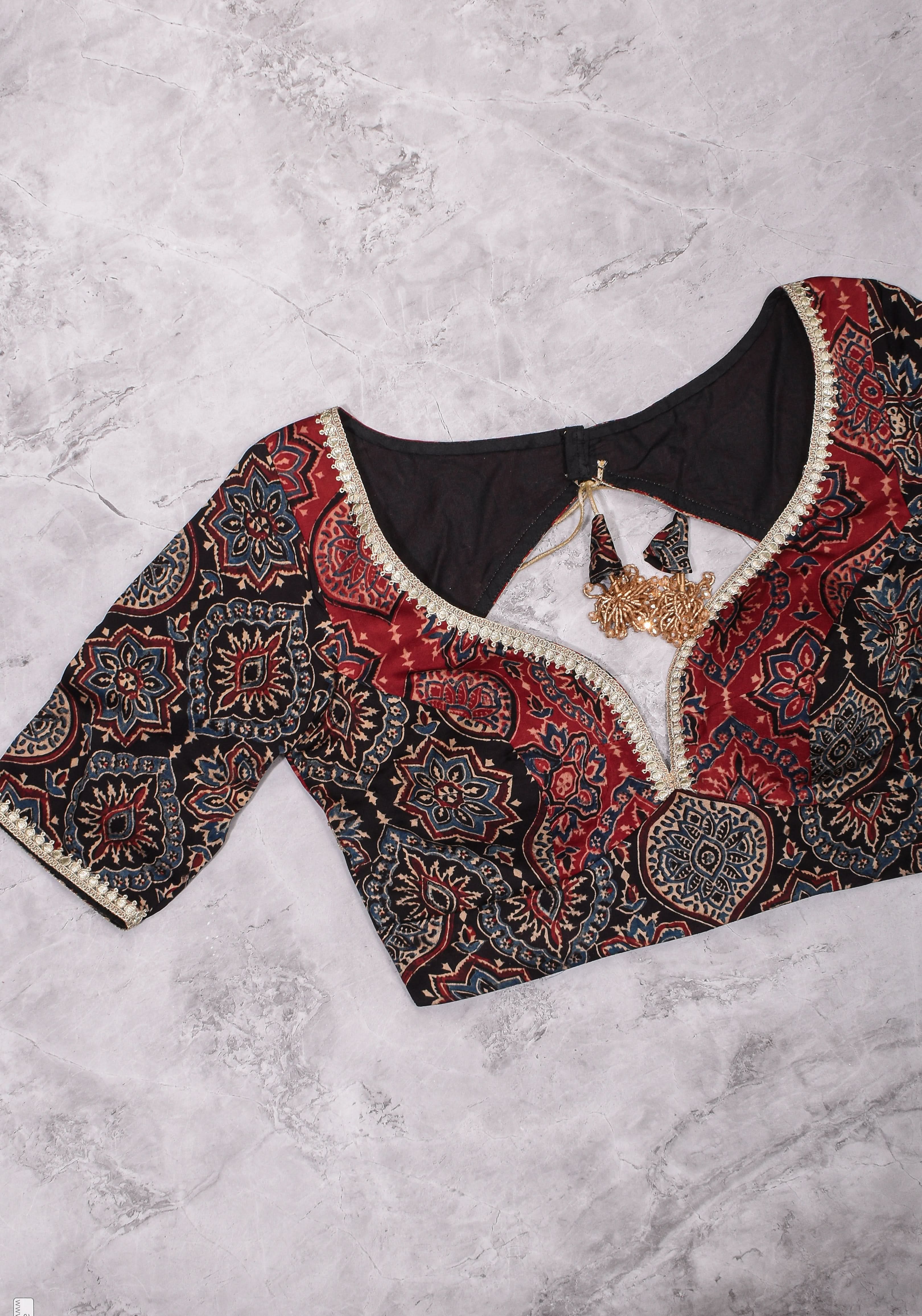 Black and Red Ajrakh Modal Silk Blouse with gota detailing  Mix and Match Blouse for saree, Made to Order | Shobitam