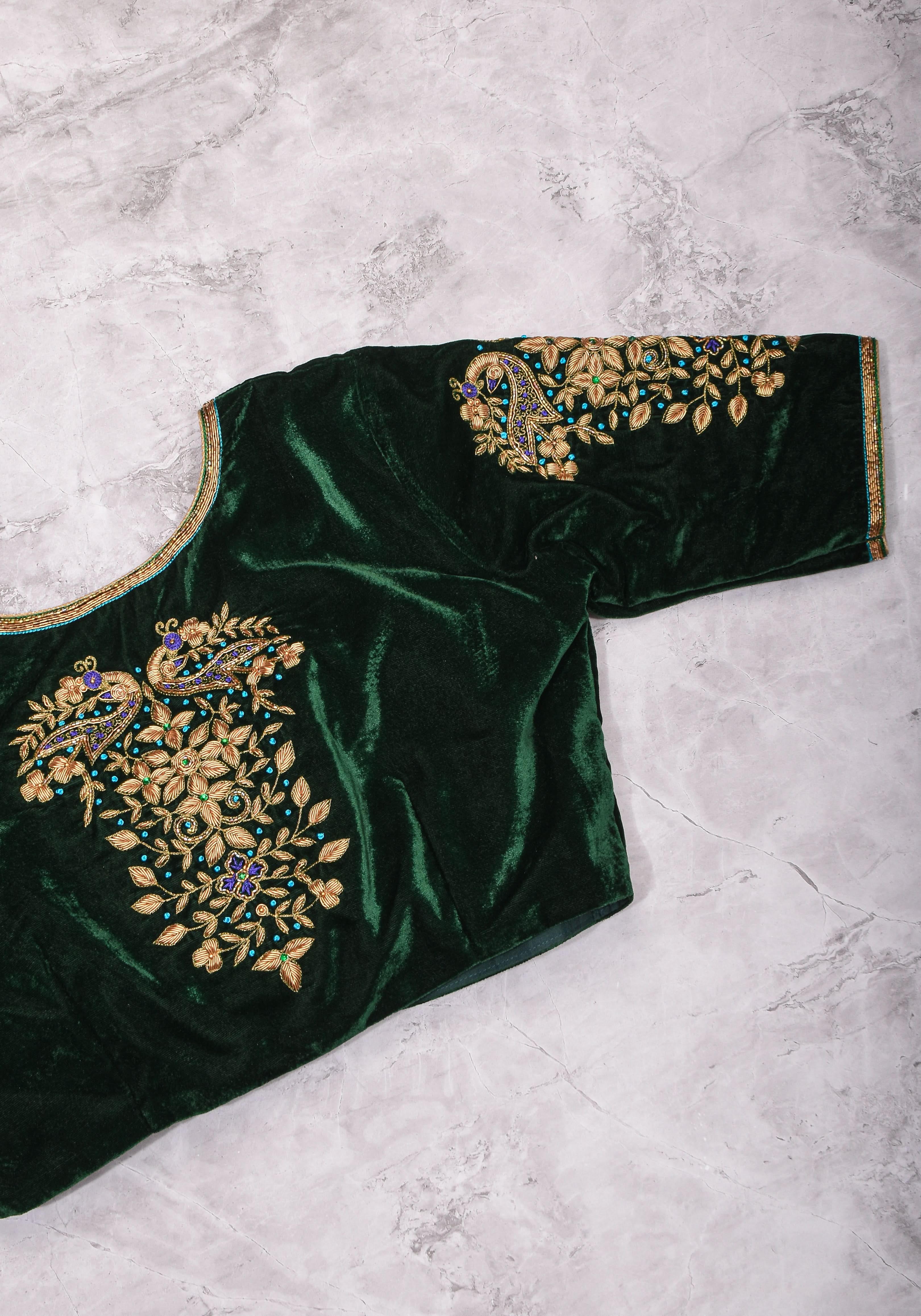 Green Velvet Blouse with Zardosi Work   Mix and Match Blouse for saree, Made to Order | Shobitam
