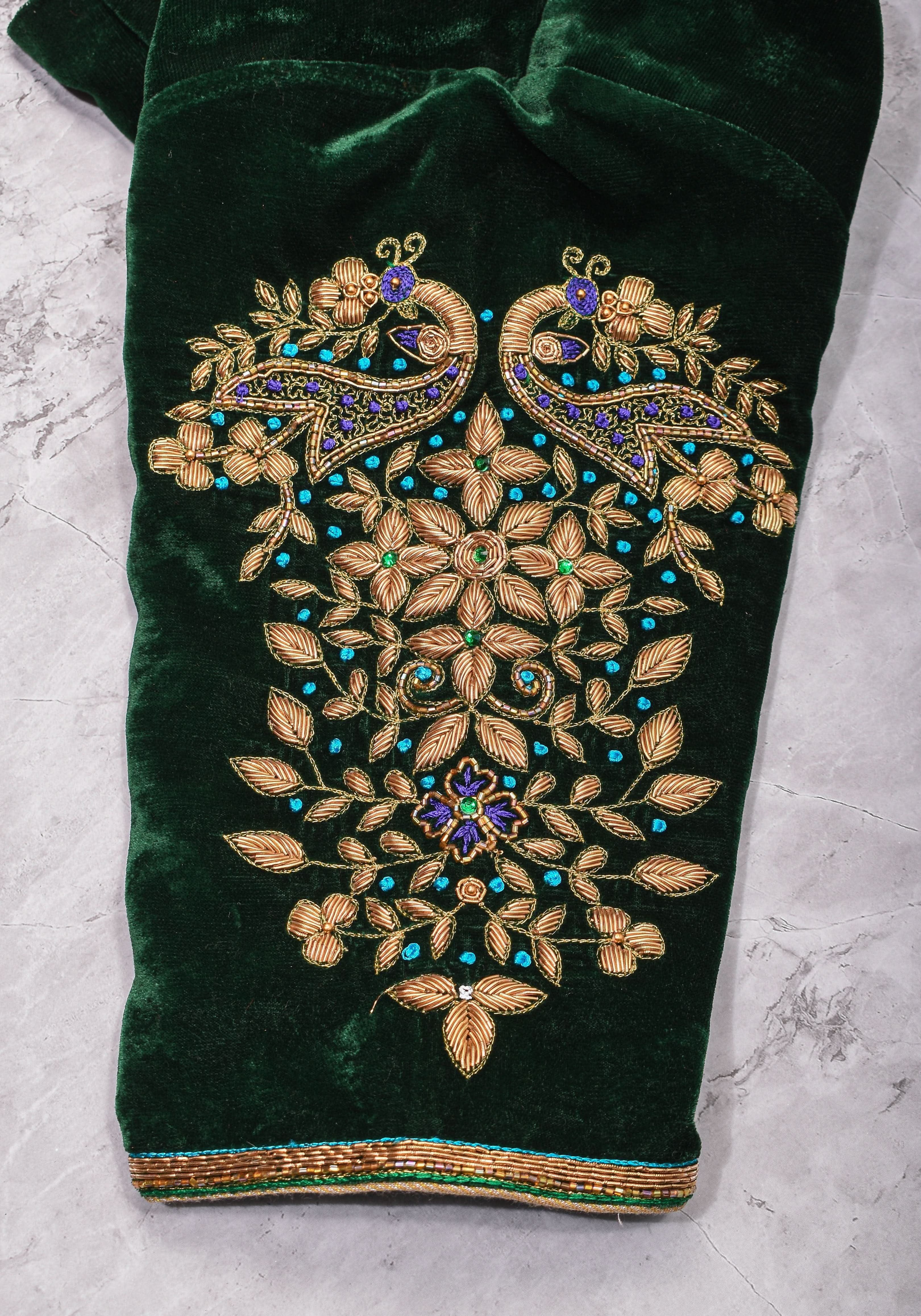 Green Velvet Blouse with Zardosi Work   Mix and Match Blouse for saree, Made to Order | Shobitam