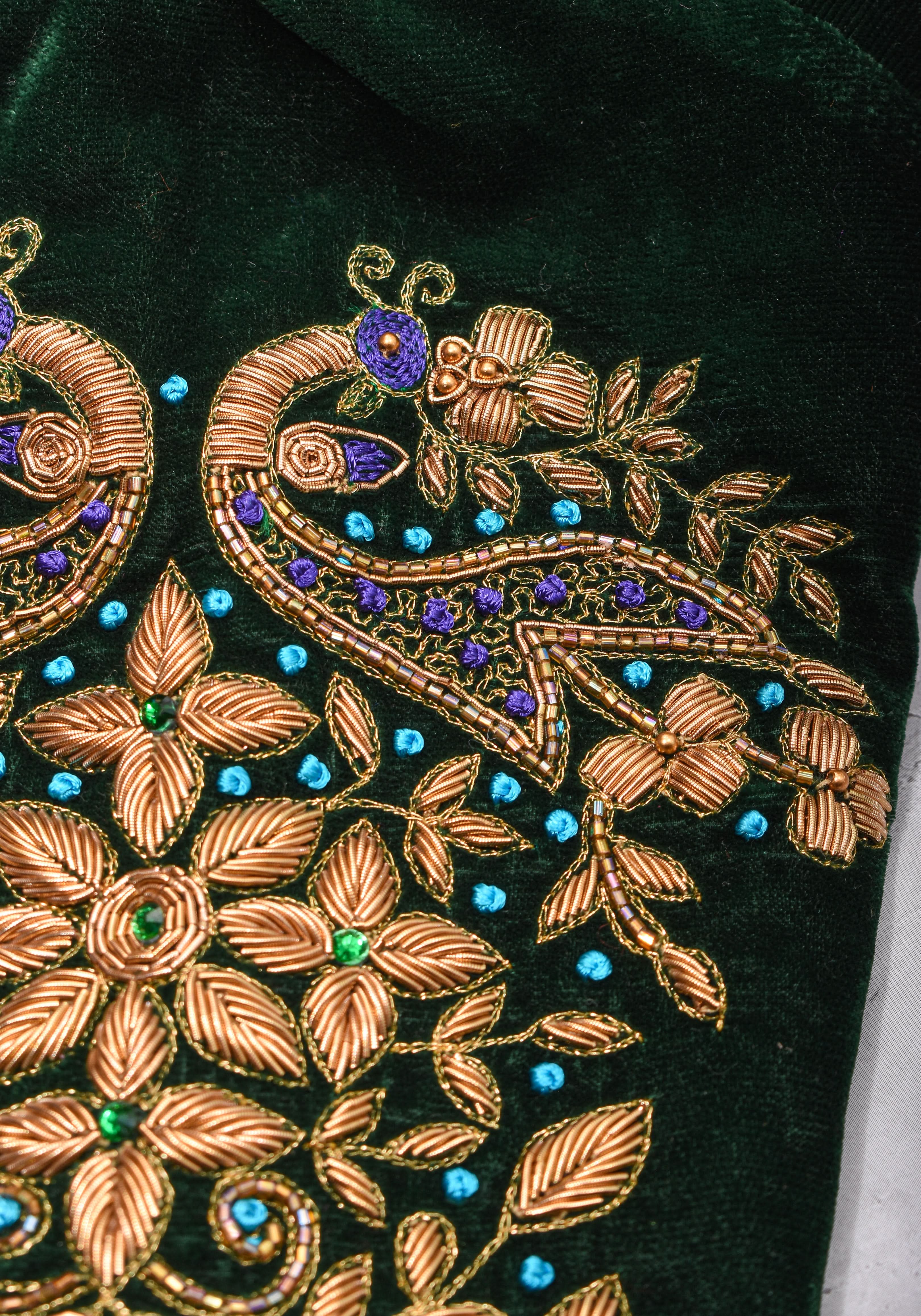 Green Velvet Blouse with Zardosi Work   Mix and Match Blouse for saree, Made to Order | Shobitam
